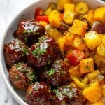 Sheet Pan Honey BBQ Meatballs with Sweet Potatoes Recipe