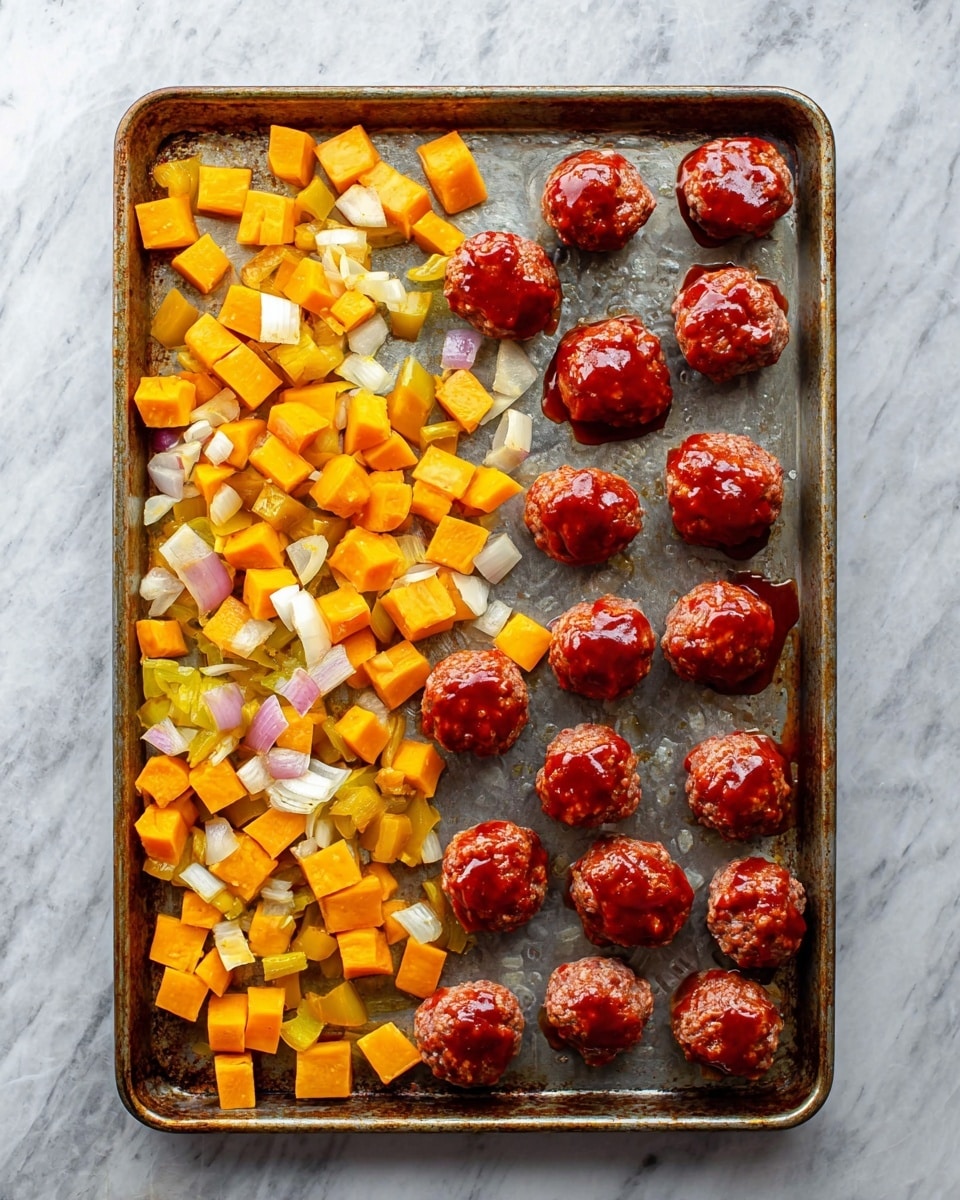 A metal baking sheet is shown with two types of food arranged side by side. On the right side, there are thirteen round meatballs covered in a bright red glaze, evenly spaced in rows. On the left side, there is a mix of cubed orange sweet potatoes, yellow bell peppers, and small white onion pieces scattered loosely to fill the space. The baking sheet sits on a white marbled surface. photo taken with an iphone --ar 4:5 --v 7