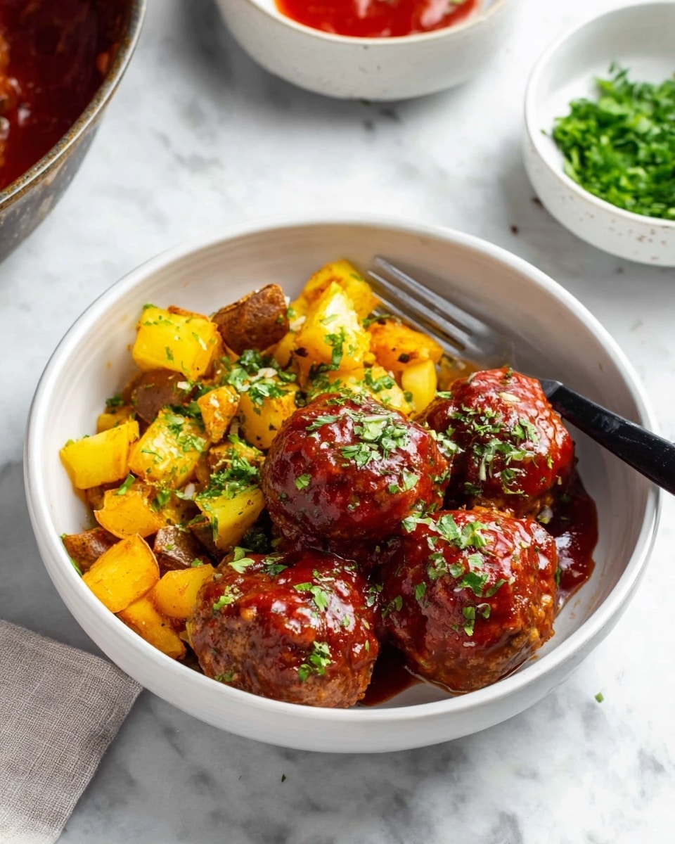 The image shows a white bowl filled with two main layers of food. On the left side, there are six glossy, dark brown meatballs covered in a shiny sauce and sprinkled with finely chopped green herbs. On the right side, there is a colorful mix of diced roasted vegetables, including bright orange sweet potatoes, yellow bell peppers, and brown-skinned cubes, all seasoned with bits of green herbs and black pepper. The bowl rests on a white marbled surface, and the food is presented up close with a slightly blurred background. Photo taken with an iphone --ar 4:5 --v 7
