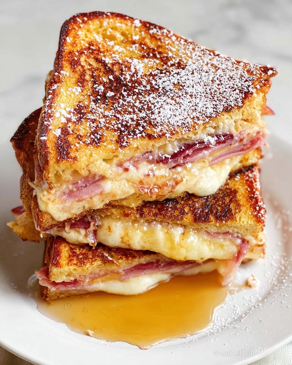 A close-up of a stack of three grilled ham and cheese sandwiches on a white marbled surface. Each sandwich is made of two golden-brown toasted bread slices with a crispy texture. Between the slices, there is a thick layer of pink ham, which looks juicy and tender, and a generous layer of melted white cheese that is soft and stretchy, oozing slightly from the sides. The sandwiches are cut into halves, showing the detailed inside layers clearly. The overall look is warm, inviting, and rich in texture. Photo taken with an iphone --ar 4:5 --v 7