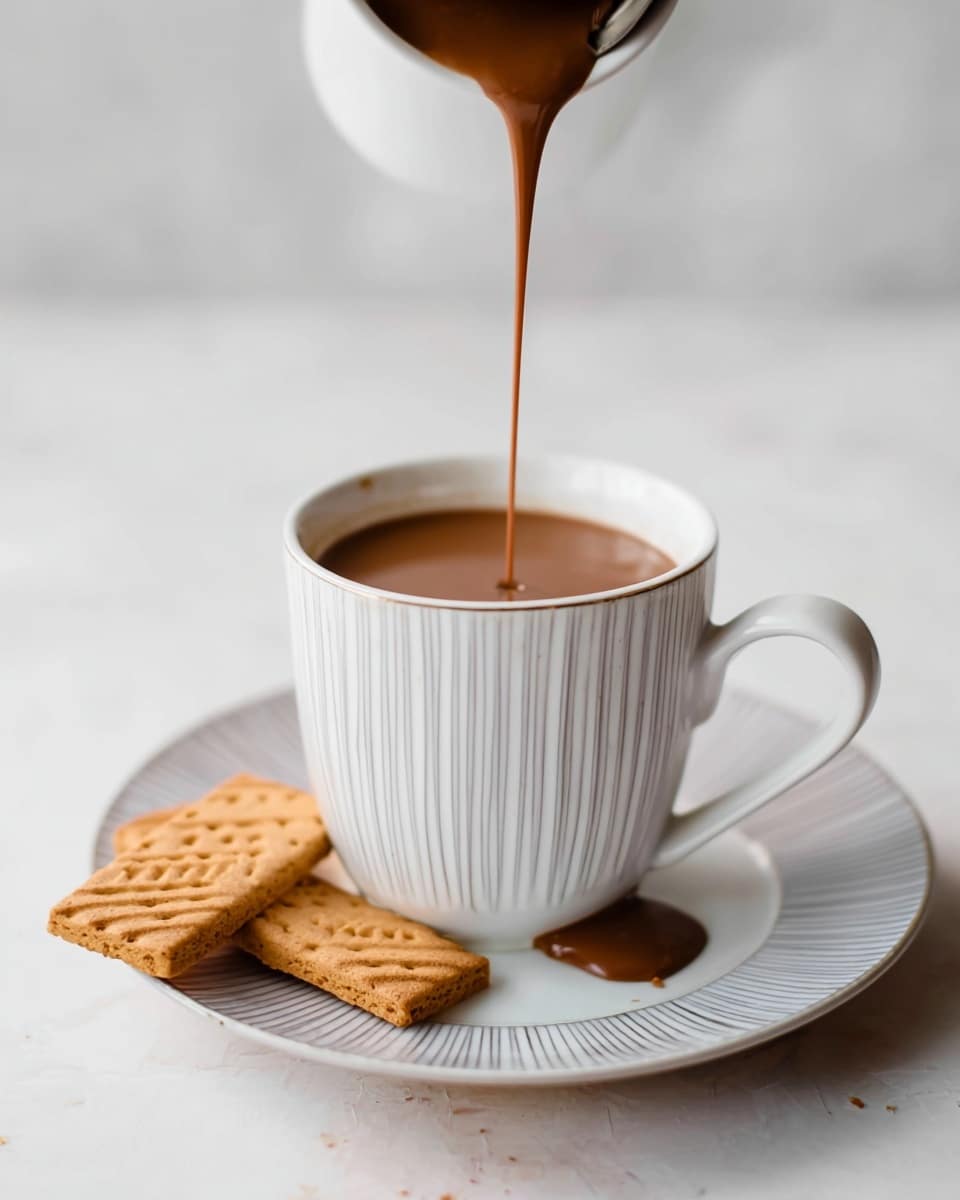 A white cup filled with dark brown hot chocolate shows white cream swirled on top, creating a soft marbled pattern. A light-colored biscuit stick is placed inside the cup on the right side. The cup sits on a white plate with a ridged, round pattern. The background is a white marbled texture. Photo taken with an iphone --ar 4:5 --v 7