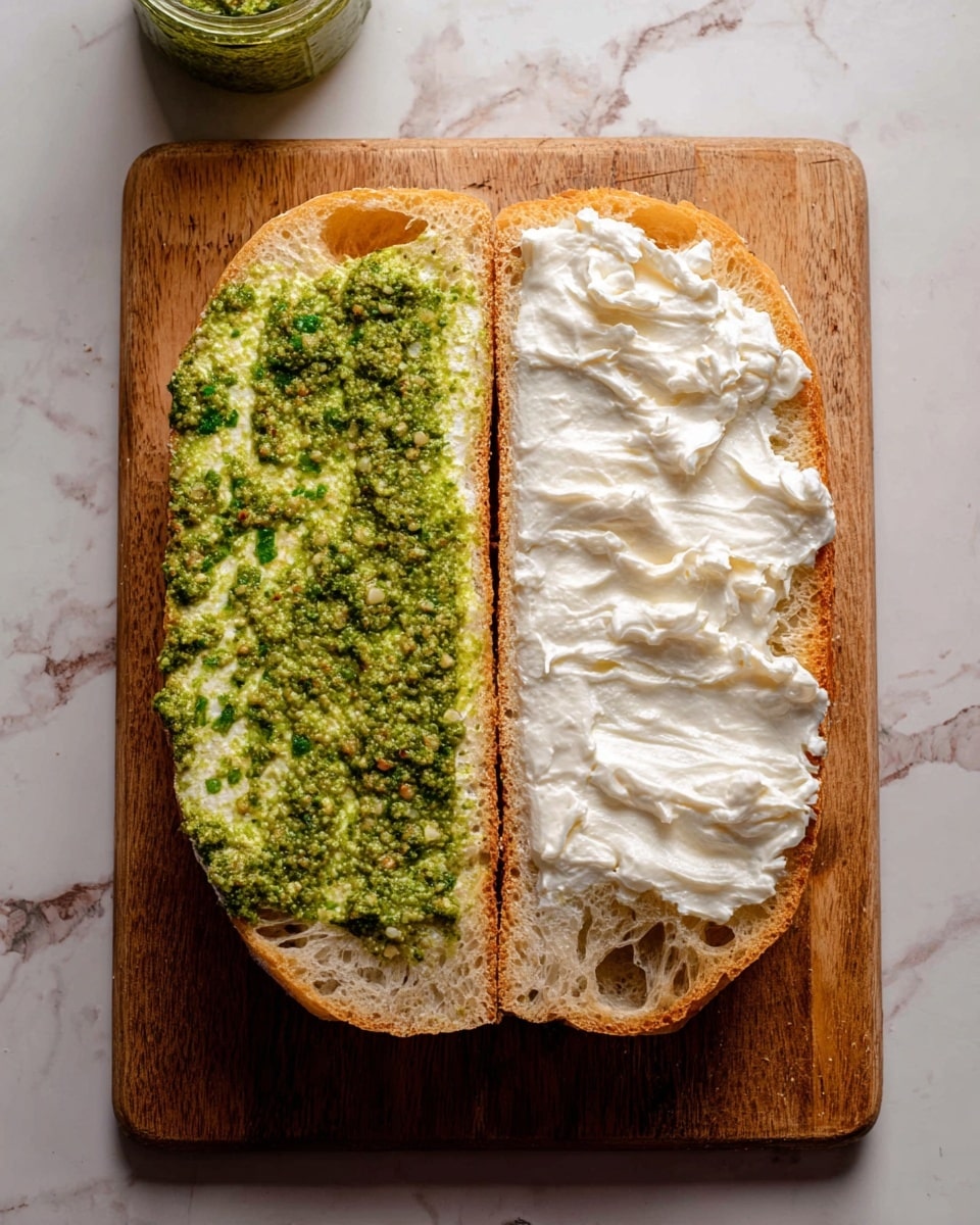 The image shows a sandwich sliced into three halves stacked vertically. Each sandwich half has four visible layers: the top layer is a light golden brown bread with a soft, airy texture dotted with holes; below it is a layer of fresh green leafy arugula, adding brightness and a slightly rough texture. Next is a thick, creamy white spread that looks smooth and soft, sitting on top of thinly folded slices of reddish-pink deli meat with visible marbling and edges curling slightly. All layers are stacked between two pieces of the same golden bread. The background is a white marbled texture with some scattered green leaves and crumbs around. photo taken with an iphone --ar 4:5 --v 7