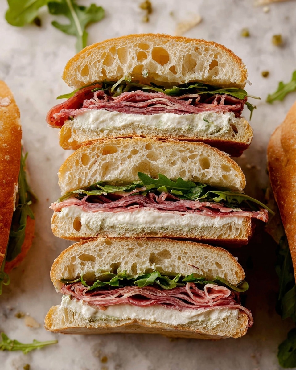 The image shows two halves of a light golden brown ciabatta bread with an open crumb structure placed side by side on a wooden cutting board over a white marbled surface. The left half is spread evenly with a coarse green pesto sauce that has small bits of herbs visible, creating a textured layer. The right half is covered with a thick, creamy white sauce with a slightly uneven surface, showing soft peaks and lumps. In the top left corner, there is a glass jar with extra green pesto sauce. The overall look is fresh and ready for assembly or further decoration photo taken with an iphone --ar 4:5 --v 7