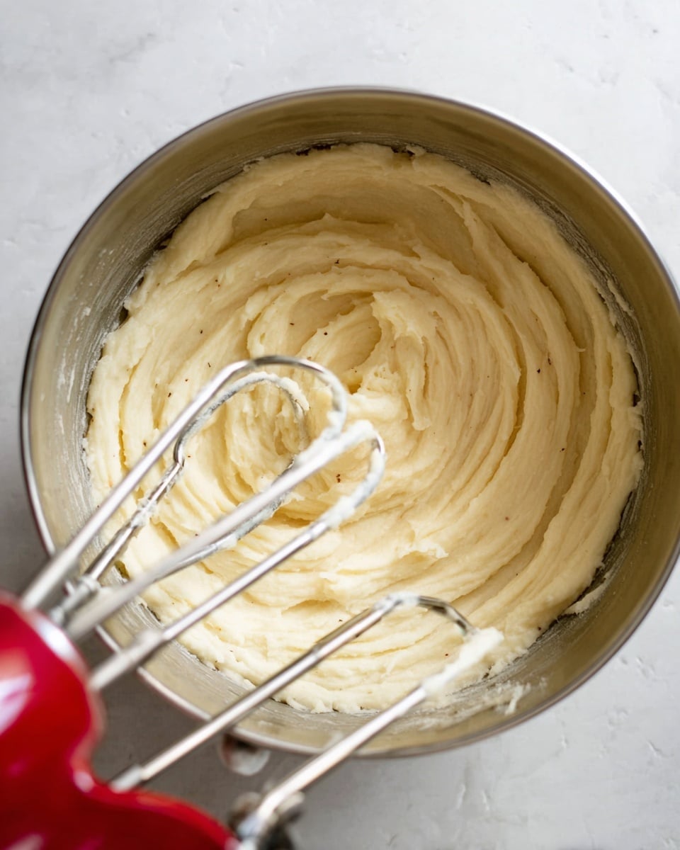 A close-up of a white bowl filled with smooth, creamy mashed potatoes as the main layer, pale off-white in color with a soft texture. On top, small patches of melted yellow butter are slightly pooling, adding a glossy shine. Scattered finely chopped green herbs lightly decorate the surface. A spoon is scooping a rounded portion from the right side, revealing the thick and fluffy texture. The bowl sits on a white marbled surface. photo taken with an iphone --ar 4:5 --v 7