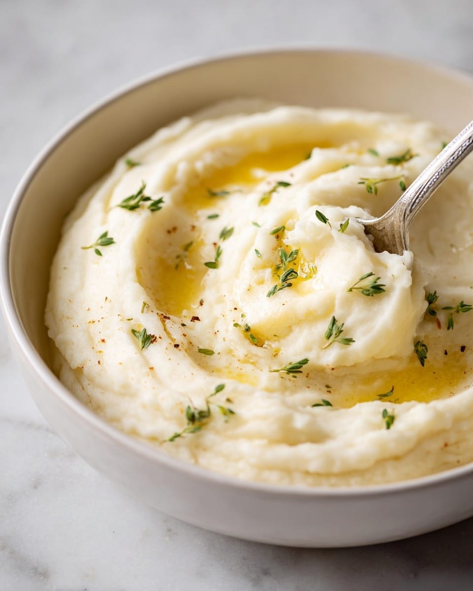 A close-up view of a silver metal mixing bowl filled with smooth, creamy mashed potatoes that have a pale yellow color and soft texture. Two metal beaters from a red electric mixer are partially submerged in the mashed potatoes, showing ridges and swirls created by mixing. The bowl sits on a white marbled surface that adds a clean and simple background to the scene. The mashed potatoes fill the bowl almost to the top, and small bits of pepper are visible in the mixture. photo taken with an iphone --ar 4:5 --v 7