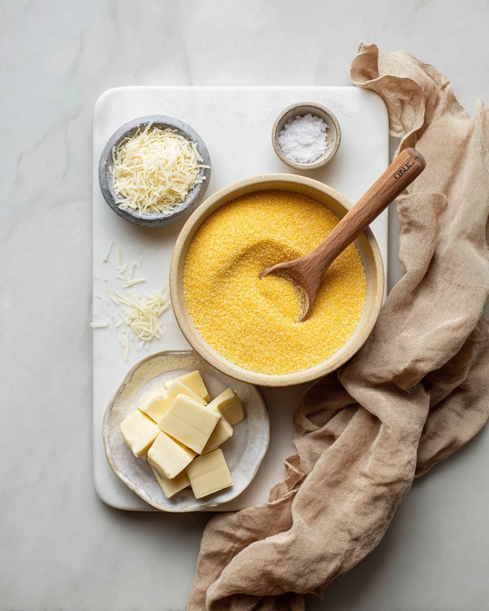 A round white plate holds a thick, smooth, bright yellow polenta spread evenly with visible swirls and a slightly shiny texture. The plate is placed on a larger round wooden board, both resting on sheets of old newspaper over a white marbled surface. Around the plate are small white bowls containing yellow cornmeal, white salt, and small cubes of yellow butter. In the upper right corner, part of a white scalloped bowl on a wicker base contains finely grated white cheese. A textured beige cloth lies nearby, adding a soft element to the setting. The scene is softly lit, highlighting the creamy texture of the polenta and the ingredients around it. photo taken with an iphone --ar 4:5 --v 7