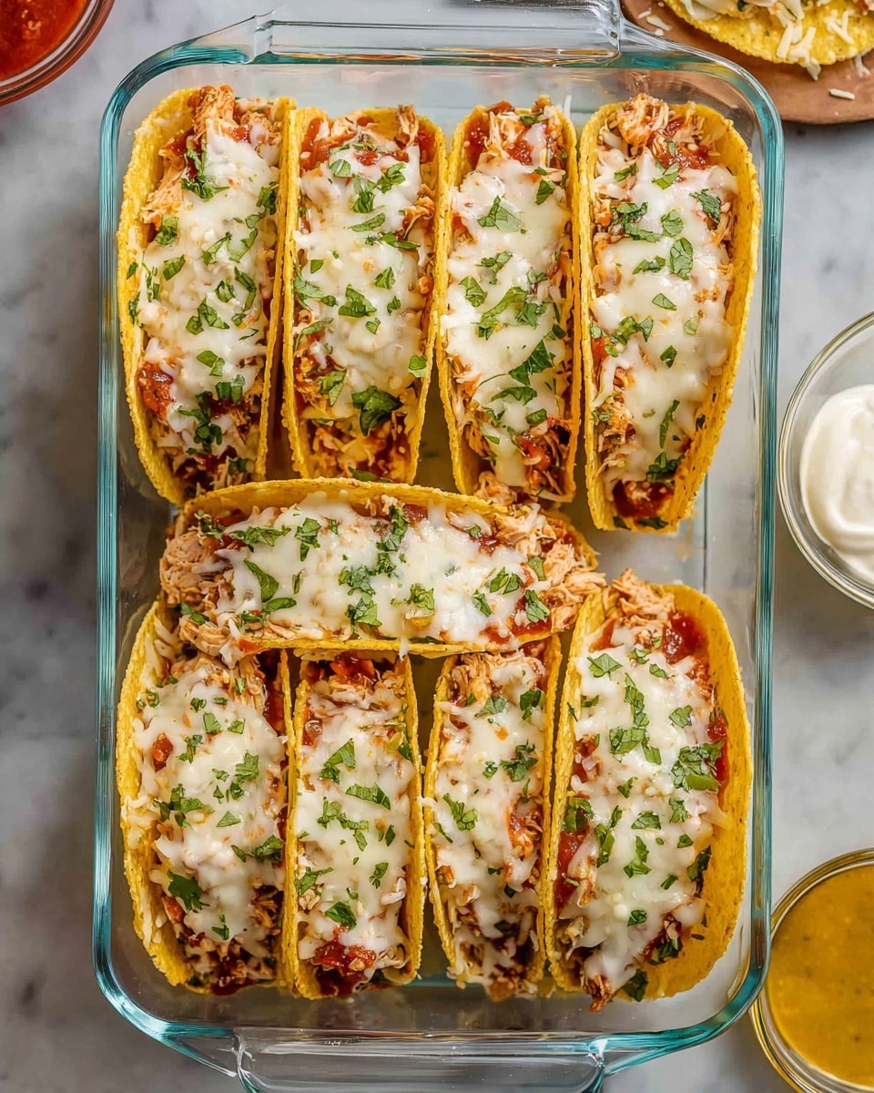 The image shows several yellow corn tortillas standing vertically in a row inside a clear glass dish, each filled with a layer of white melted cheese on top and sprinkled with small pieces of green herbs, likely cilantro. Underneath the cheese, there are bits of cooked meat and possibly some finely chopped vegetables, adding some reddish and brown tones to the filling. The tortillas have a slightly toasted texture and small dark spots. The background is a white marbled surface. Photo taken with an iphone --ar 4:5 --v 7