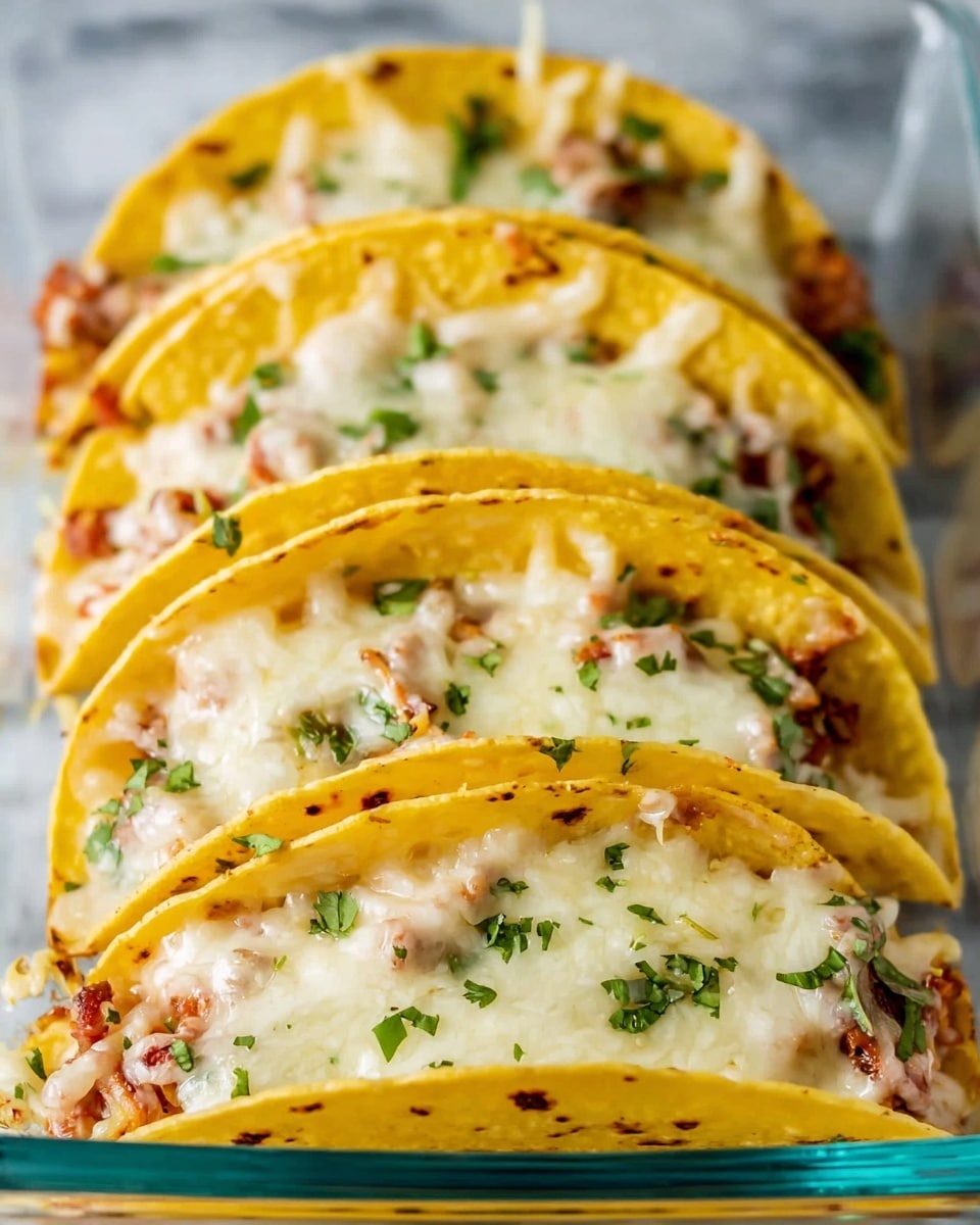 The image shows a clear glass baking dish holding nine yellow corn taco shells, each filled with a mixture of shredded chicken and a red tomato sauce base. On top of the filling is a generous layer of melted white cheese, sprinkled with small pieces of green cilantro leaves. The taco shells are arranged tightly in three rows inside the dish. The dish is placed on a white marbled surface with small bowls of sour cream and mustard sauce visible near the top right corner. Photo taken with an iphone --ar 4:5 --v 7