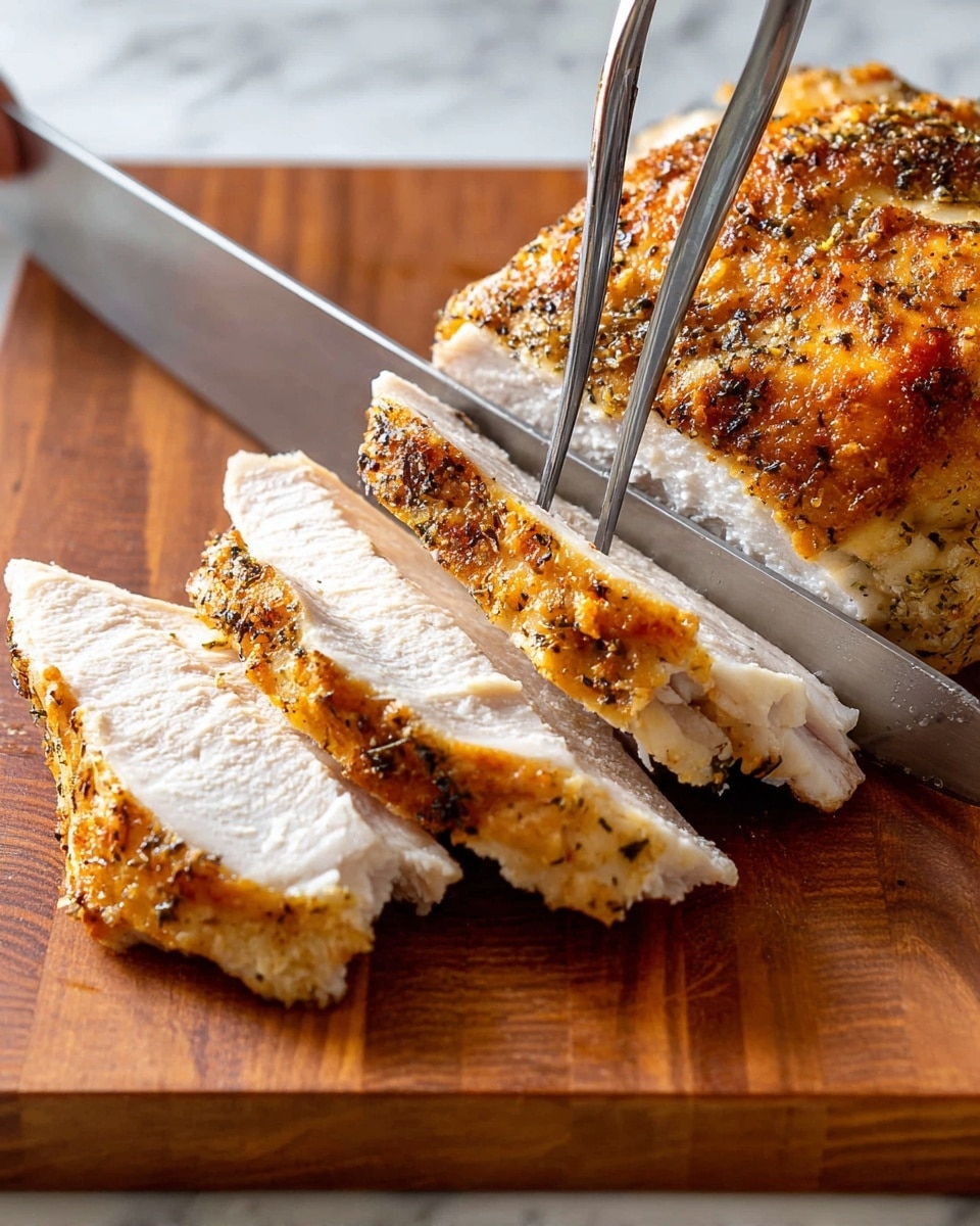 A piece of roasted chicken with golden brown crispy skin is shown on a wooden cutting board. The chicken is being sliced into six thick pieces, revealing white tender meat inside. The skin is slightly textured with black pepper seasoning on top. A large knife is cutting through the chicken while a fork holds it steady from above. The background is a white marbled surface photo taken with an iphone --ar 4:5 --v 7