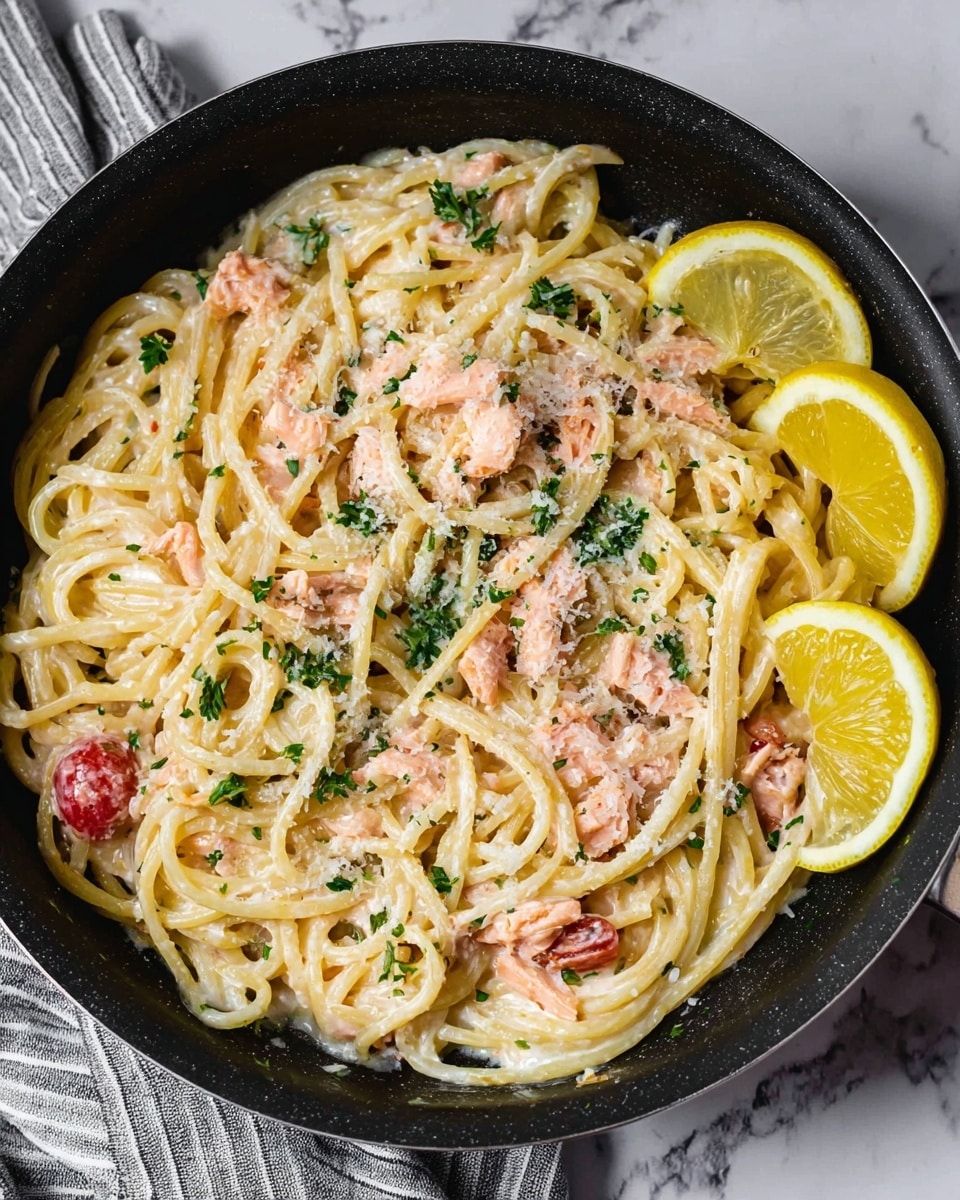 This image shows a creamy pasta dish served both in a black pan and on a white plate, all placed on a white marbled surface. The pasta has thick, long noodles coated in a smooth, creamy white sauce with bits of red tomatoes, green herbs, and small pieces of salmon mixed throughout. On the top right of both the pan and the plate, there is a slice of bright yellow lemon adding a fresh color contrast. A silver spoon rests partly in the pan among the noodles, ready to serve. A gray and white striped cloth is placed loosely beside the pan. Photo taken with an iphone --ar 4:5 --v 7