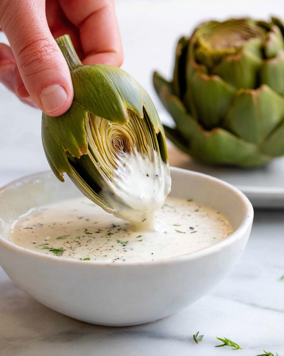 Two whole artichokes soaked in water inside a metal container are shown. Each artichoke has many layers of thick, slightly curled green outer leaves that transition to lighter green and pale yellow inner leaves with a soft texture. At the very center of each artichoke, there is a cluster of purple and light pink, tightly packed tender leaves. On the left side of the image, there are two thin lemon slices partially visible, floating in the water. The water surface is clear and smooth, reflecting some light. The entire scene rests on a white marbled surface. photo taken with an iphone --ar 4:5 --v 7