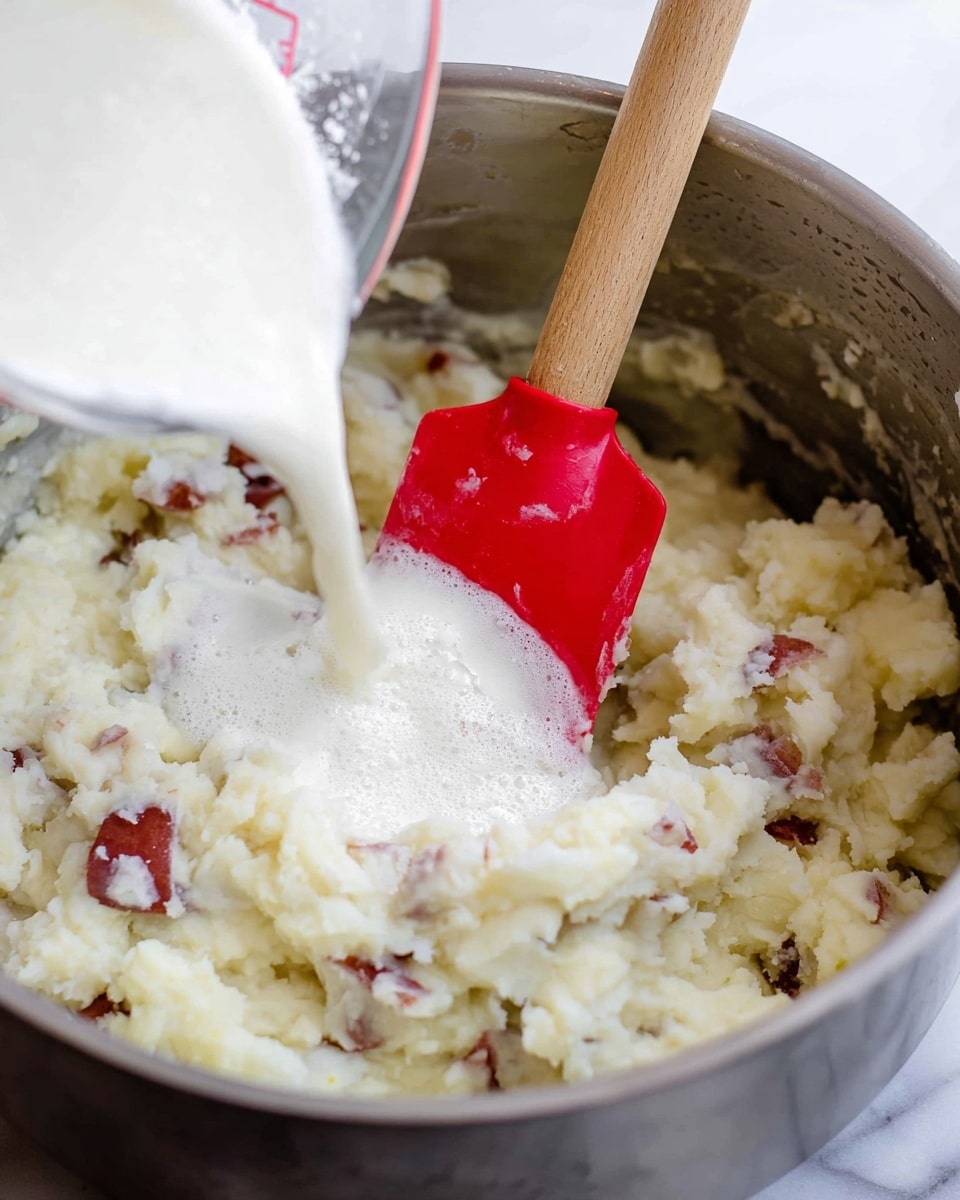A close-up view of mashed potatoes in a metal pot shows visible chunks of potato with red skin mixed in. A red silicone spatula with a wooden handle is resting inside the pot, blending the potatoes. White cream is being poured from a clear measuring cup onto the mashed potatoes, creating a foamy texture as it lands. The scene is bright with natural light, and the pot is placed on a white marbled surface photo taken with an iphone --ar 4:5 --v 7