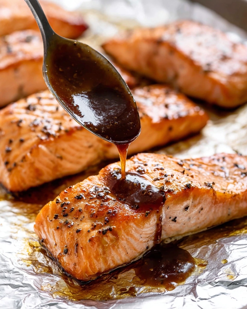 A close-up of three cooked salmon fillets with a golden-brown color and slightly crispy texture on top, sitting on a silver foil surface. A spoon held above the front fillet pours a thick dark brown sauce over it, with the sauce dripping down the side. The fillets have visible black pepper seasoning and the light shines on the moist and tender fish. The background is softly blurred with more salmon pieces visible. Photo taken with an iphone --ar 4:5 --v 7