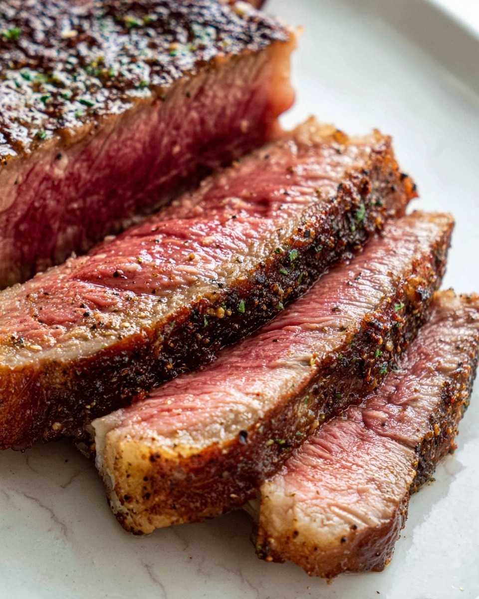 The image shows a thick piece of sliced steak on a white plate with a white marbled texture. The steak has three visible layers: the outer crust is dark brown and crispy with specks of seasoning and herbs. Inside, the middle layer is bright pink, soft, and juicy, showing the cooked but still tender meat. The innermost part near the base is light pink with some light gray around the edges, blending into the cooked crust. The steak is angled so the slices overlap slightly, revealing the texture and moisture of the meat. photo taken with an iphone --ar 4:5 --v 7