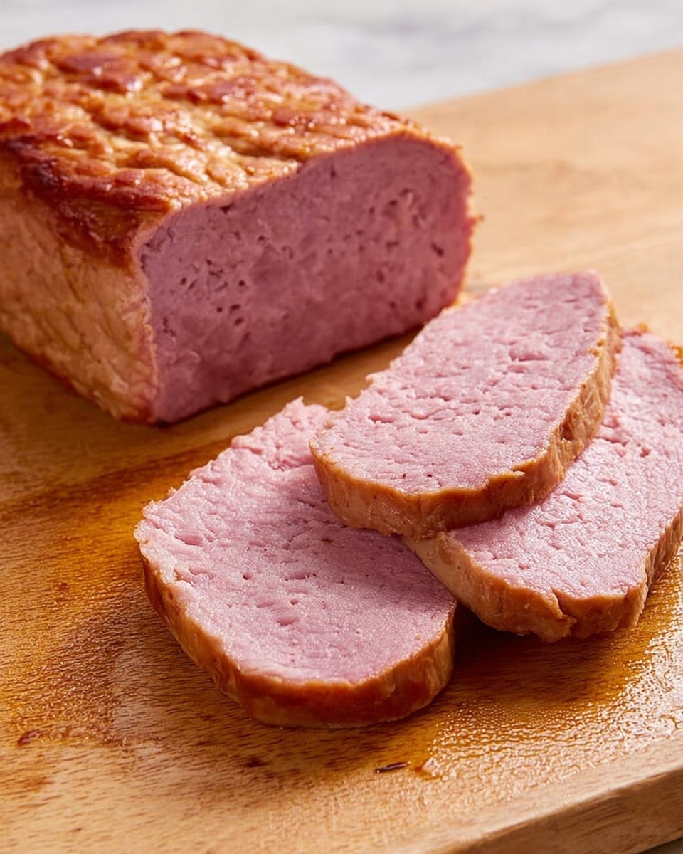 The image shows a loaf of cooked meat with a brown outer layer and a pink inner texture, resting on a wooden cutting board. Three thin slices are cut from the loaf and laid flat in front of it, showing a consistent pink color with small air pockets throughout the meat. The surface underneath the board is a white marbled texture with some brownish meat juices on the cutting board. Photo taken with an iphone --ar 4:5 --v 7
