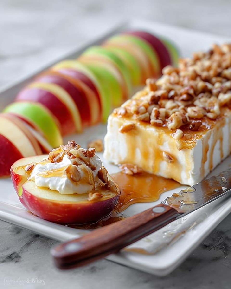 The image shows a rectangular block of creamy, light yellow dessert placed in the center of a white plate with a white marbled surface underneath. The dessert is topped with a thick layer of rich caramel sauce that drips down the sides and pools around the base. Small pieces of crunchy nuts are scattered over the caramel and dessert, adding texture. On the left side of the plate, there is a fan of thin apple slices with red and yellow skin, arranged neatly beside the dessert. A white-handled knife with a wooden grip rests on the plate’s upper right edge. Photo taken with an iphone --ar 4:5 --v 7
