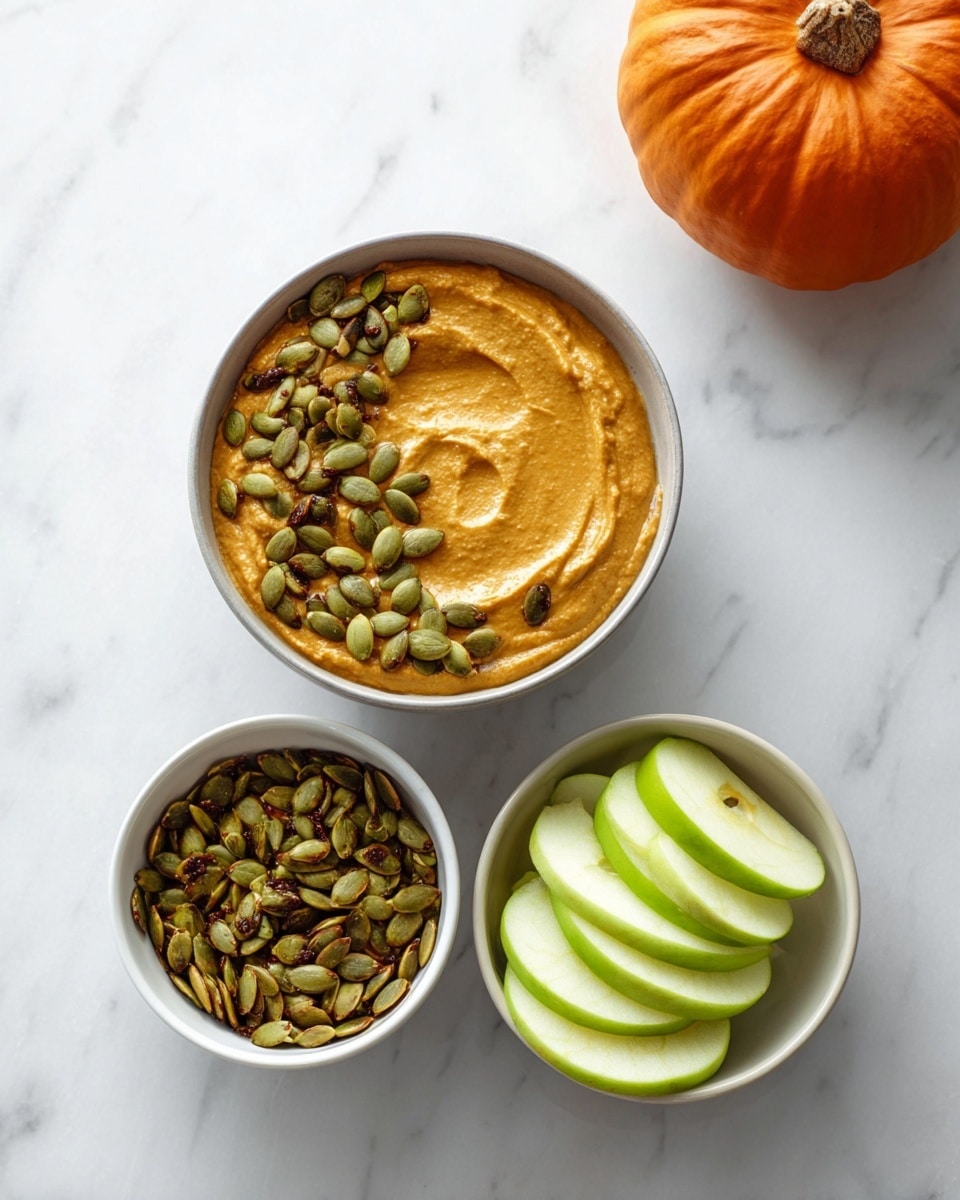 A round bowl filled with smooth orange hummus spread evenly with a soft swirl pattern on top; the right side of the hummus is decorated with toasted green pumpkin seeds. To the right of this bowl, there is another bowl filled fully with more toasted green pumpkin seeds. On the left side, there is a wooden board with several round brown ginger snap cookies stacked and scattered. Below the wooden board, a small bowl contains light green apple slices arranged in a neat fan shape. All items rest on a white marbled surface. photo taken with an iphone --ar 4:5 --v 7