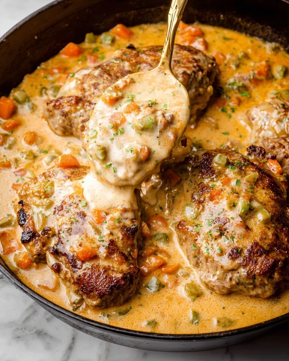The image shows a black skillet with four cooked golden brown pieces of seasoned chicken, topped with small diced white onions and chopped red tomatoes scattered around. On top of the chicken and vegetables, there is a thick white creamy sauce that has a slightly chunky texture with bits of tomato and green herbs mixed in. The skillet sits on a white marbled surface. photo taken with an iphone --ar 4:5 --v 7