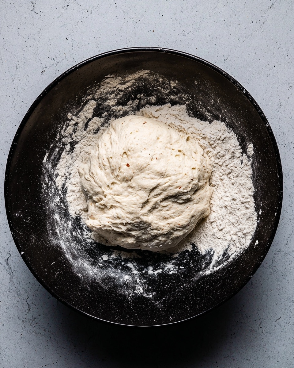 A thick, rough ball of dough with small brown specks is placed in the center of a shiny black bowl. The inside of the bowl is dusted with white flour, which spreads unevenly around the dough and sticks to the sides. The dough texture looks soft but slightly lumpy, with folds and creases visible on its surface. The bowl is set on a white marbled texture. photo taken with an iphone --ar 4:5 --v 7
