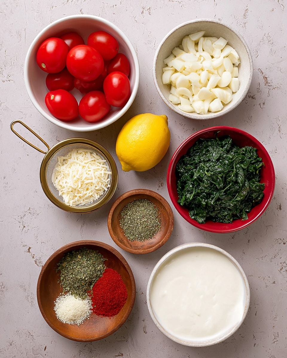 The image shows six containers with different cooking ingredients placed on a white marbled texture. At the top left is a white bowl filled with bright red grape tomatoes. To the top right, a white bowl holds chopped white garlic pieces. In the upper middle left, a gold-colored metal strainer contains a half lemon with a yellow bright peel. Below this, a wooden bowl has three different spices: green dried parsley, red paprika, and light green dried oregano, each occupying a third of the bowl's area. To the upper right of this, a white bowl contains dark green frozen chopped spinach with a frost texture. At the bottom left, a white bowl is filled with grated white cheese. Finally, at the bottom right, another white bowl contains white heavy cream with a smooth surface. Photo taken with an iphone --ar 4:5 --v 7