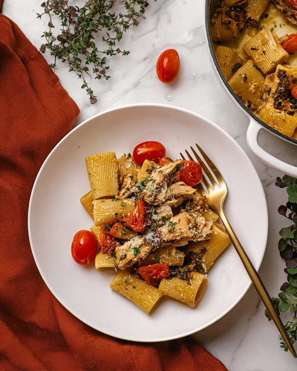 A white plate holds a serving of rigatoni pasta mixed with small red cherry tomatoes and pieces of dark herb-seasoned chicken. The pasta is coated in a light sauce with visible herbs, and the top is sprinkled with grated cheese. On the right side of the plate, a gold spoon holds a cherry tomato, and on the left is a gold fork resting on the plate edge. In the upper right corner, part of a white pot with the same pasta and chicken dish is visible. The background is a white marbled texture with some green microgreens scattered around, and a burnt orange cloth is partially seen under the plate. Photo taken with an iphone --ar 4:5 --v 7