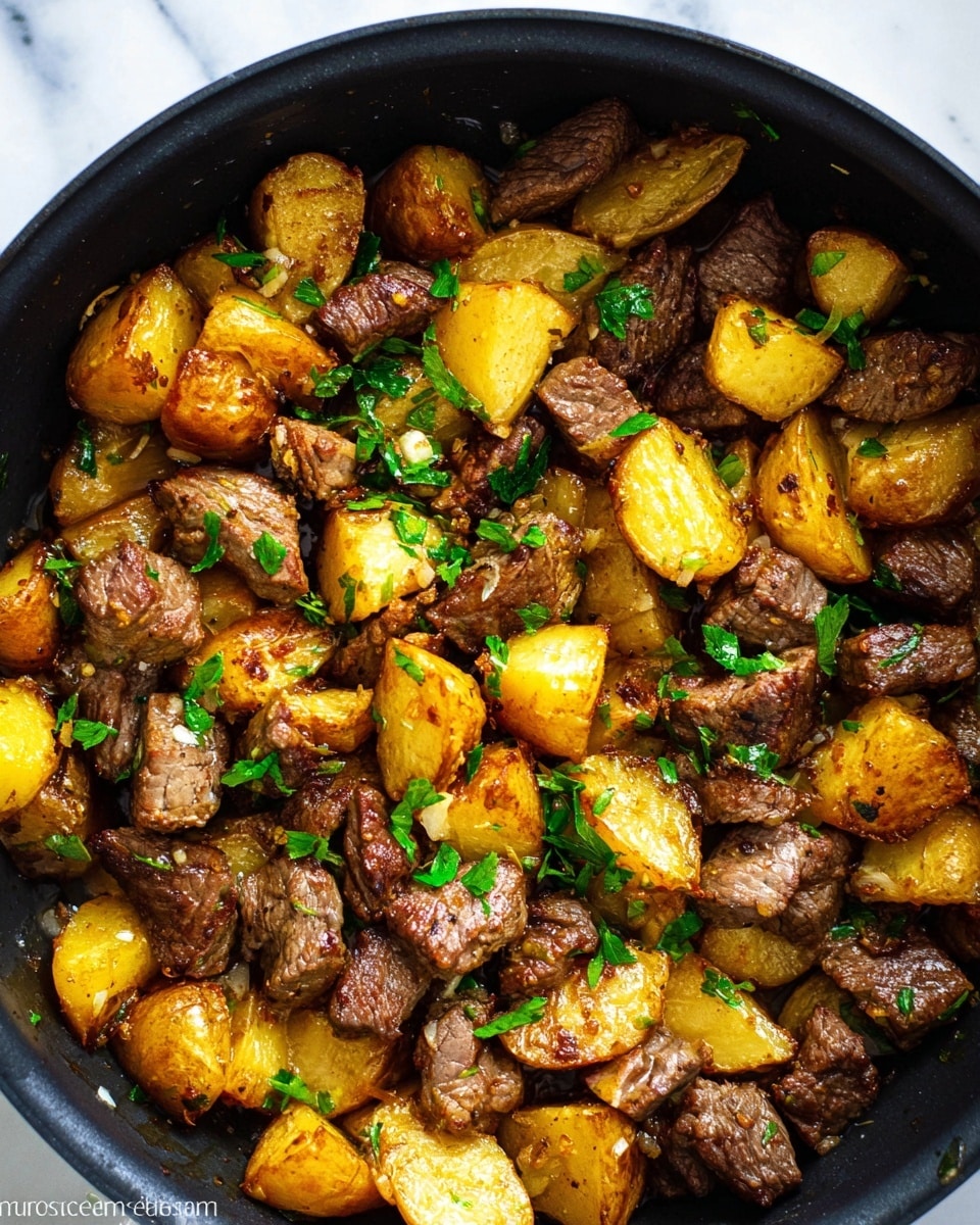 The image shows a close-up of a black pan filled with cooked beef chunks and golden-brown roasted potato pieces mixed together. The beef pieces are browned and have a slightly juicy texture, scattered evenly throughout the pan. The potato pieces vary in size, showing crispy edges and soft, warm centers with a light yellow inside. Small bits of chopped garlic and bright green parsley leaves are sprinkled on top, adding color and freshness. The black pan contrasts with the food, all placed on a white marbled surface. photo taken with an iphone --ar 4:5 --v 7