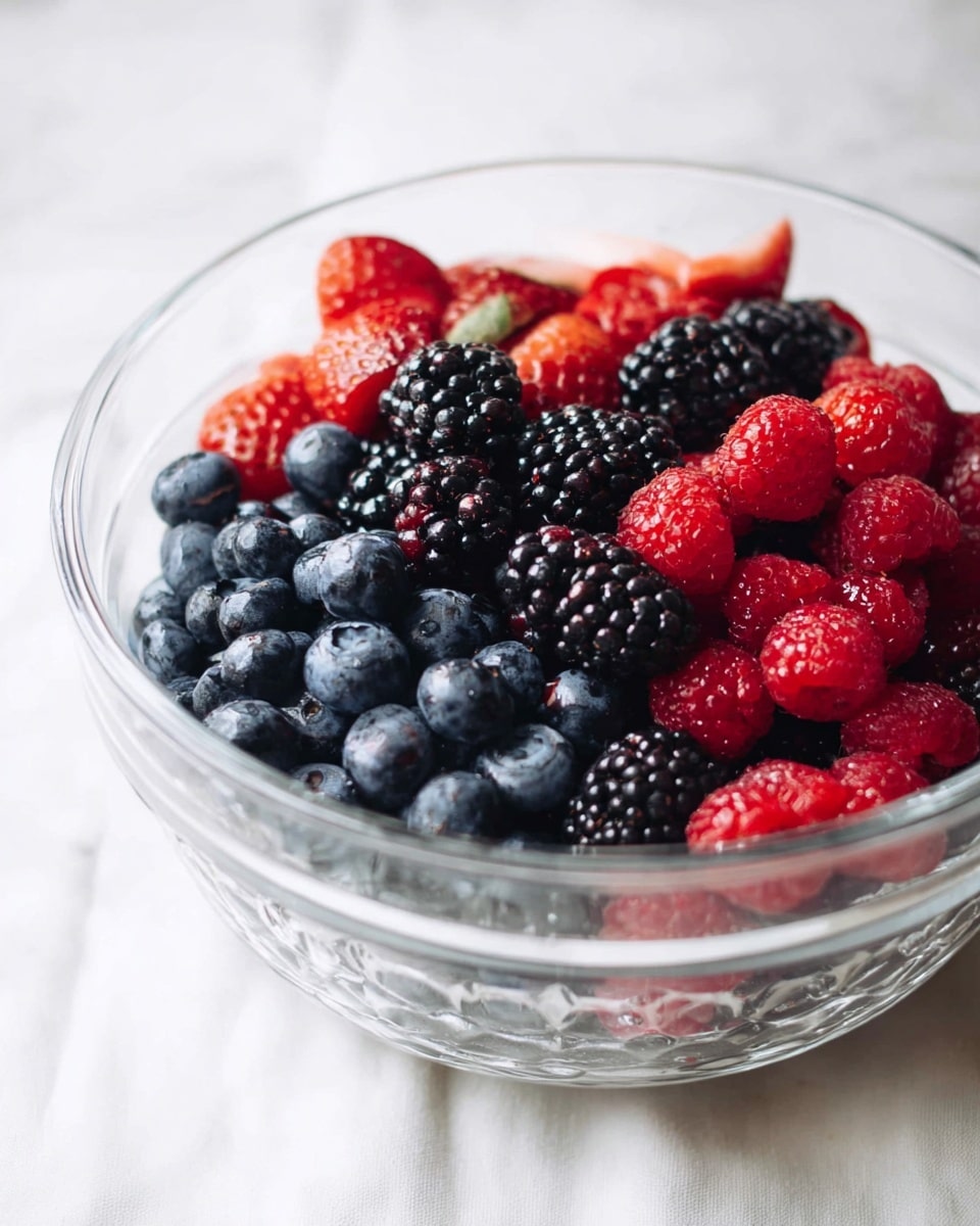 A white round bowl filled with a colorful fruit salad sits on a white marbled surface with a white cloth underneath. The salad has several layers of fresh fruits: bright red strawberries sliced and whole, deep blue blueberries scattered around, black blackberries, small red raspberries, and chunks of yellow mango. Bright green mint leaves are spread on top, adding a fresh touch. A woman's hands hold the bowl gently from both sides, one hand near the bottom right edge and the other on the left side. The overall look is fresh and vibrant. Photo taken with an iphone --ar 4:5 --v 7