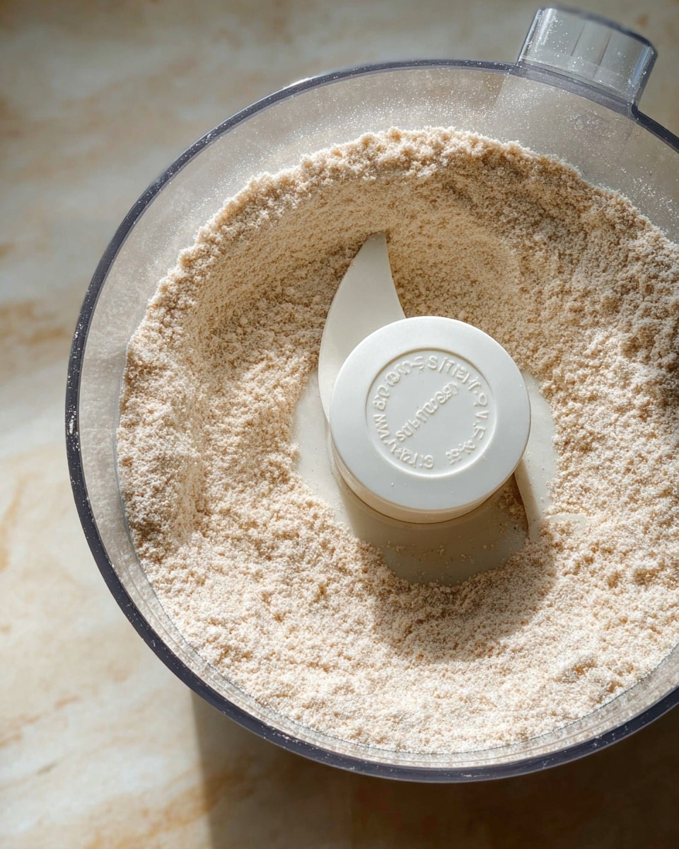 A clear plastic food processor bowl contains a fine, beige powder evenly spread inside. The white plastic central blade attachment is visible in the middle, slightly raised above the powder. The background shows a white marbled texture surface beneath the bowl. The image is bright with soft natural light highlighting the texture of the powder. Photo taken with an iphone --ar 4:5 --v 7