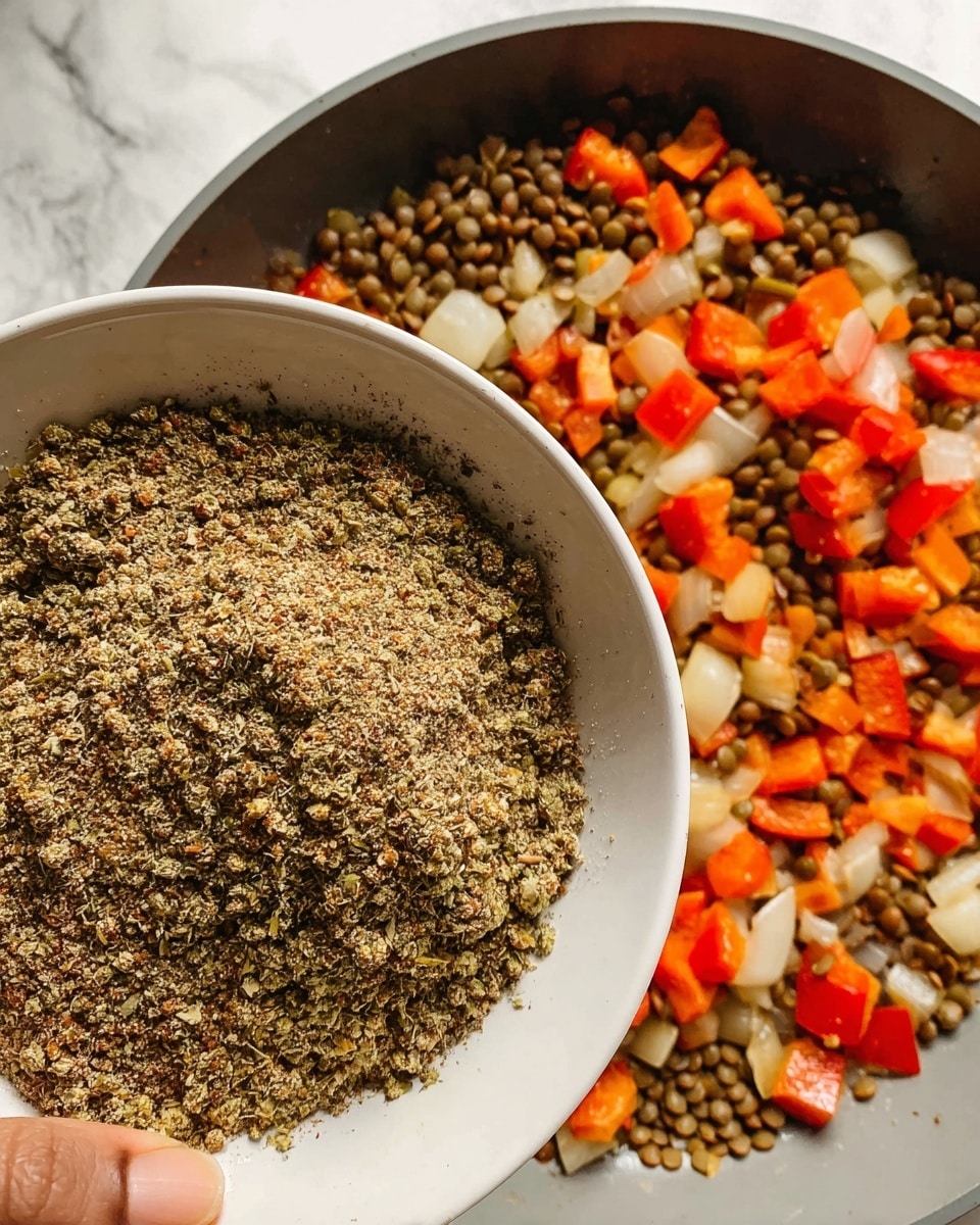 A close-up shows a white bowl held by a woman's hand above a pan on a white marbled surface. The bowl contains a coarse spice mix with shades of brown, green, and beige in a rough texture. Below in the pan, there is a layer of small greenish-brown lentils covering a mix of bright orange and red diced bell peppers and translucent white chopped onions, all resting on the light gray pan bottom. photo taken with an iphone --ar 4:5 --v 7
