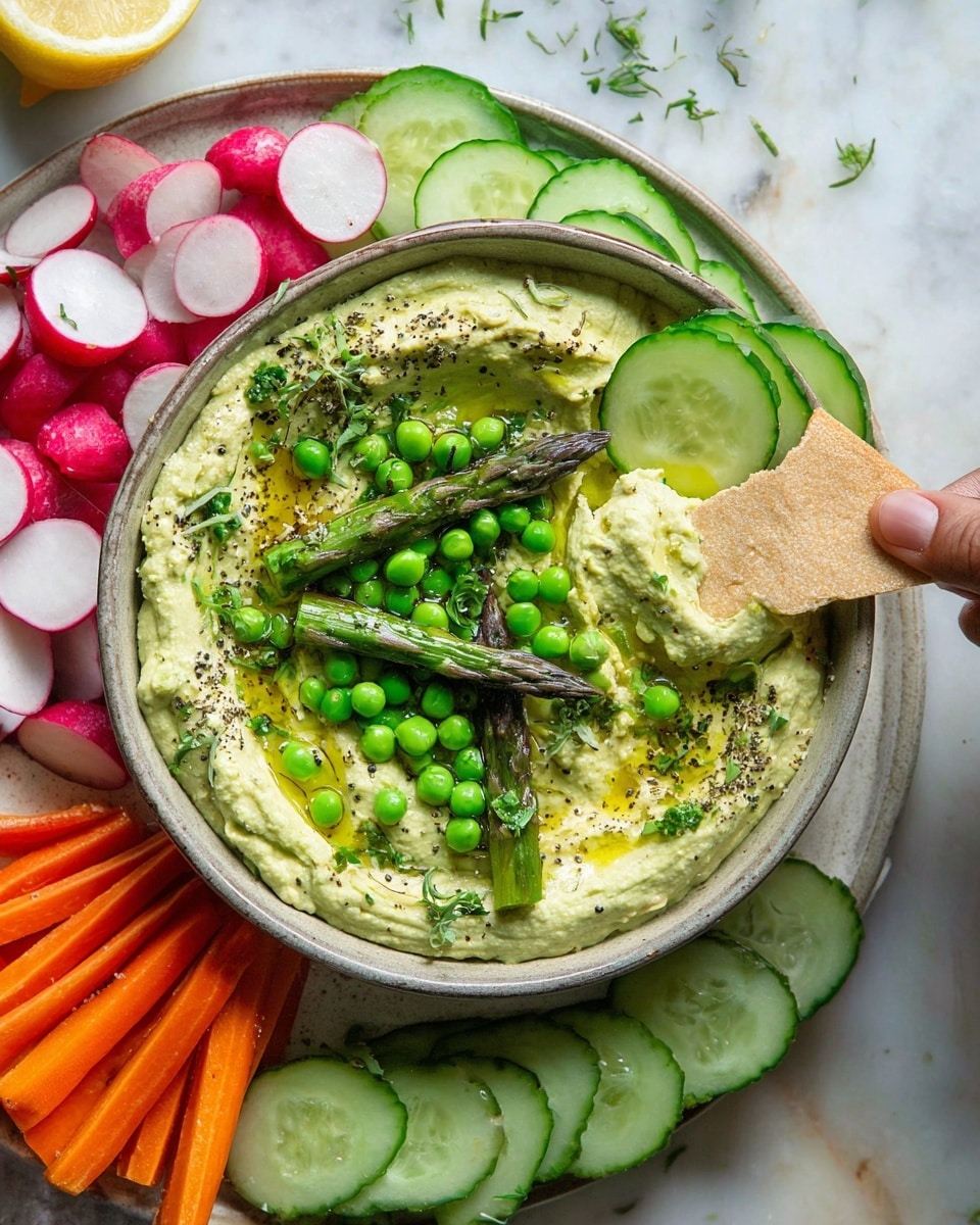 A bowl of creamy light green dip fills the center, topped with bright green peas and several asparagus spears, drizzled with olive oil and sprinkled with small green herbs and black pepper. A single light brown square cracker rests on the dip, with a scoop taken by a woman's hand near a thick cucumber slice on the edge. The bowl sits on a white plate, around which are neatly arranged slices of radish with white centers and pink edges, cucumber rounds vibrant with pale seeds, and bright orange carrot sticks. The whole setting is on a white marbled surface. Photo taken with an iphone --ar 4:5 --v 7