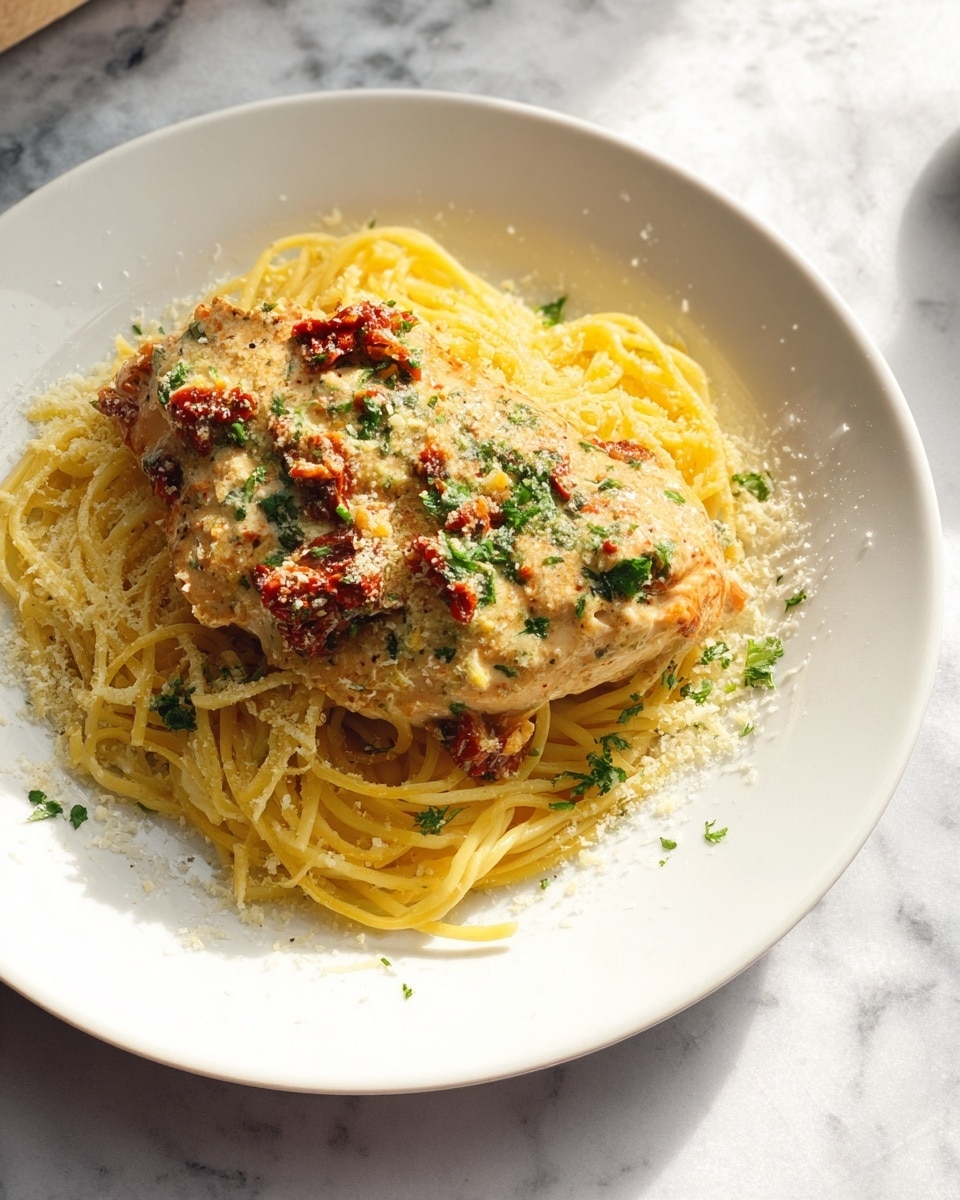 The image shows a close-up of a white plate with a dish that has two main layers: the bottom layer is yellow spaghetti pasta tangled together, and the top layer is creamy, light brown chicken with specks of green herbs and small red pieces, possibly sun-dried tomatoes, scattered on top. The chicken is coated with a creamy sauce that also mixes with some pasta strands. A silver fork is picking up a small piece of chicken wrapped with some pasta from the right side of the plate. The plate is placed on a white marbled surface with some small green herbs scattered around and a white cloth with thin red stripes resting nearby. photo taken with an iphone --ar 4:5 --v 7