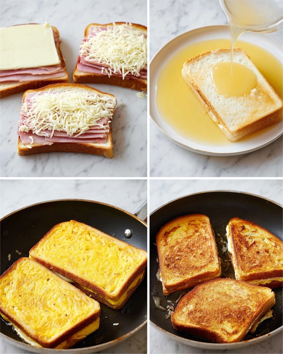 The image shows four stages of making a sandwich on a white marbled surface. The top left section shows two slices of white bread spread with a creamy layer; one slice topped with folded pink ham and the other sprinkled with shredded white cheese. The top right section shows a slice of white bread dipped in a yellow egg mixture, sitting on a white plate. The bottom left section shows two sandwiches, each with a golden yellow egg-coated crust, frying in a pan. The bottom right section shows both sandwiches cooked to a golden brown color, still in the pan. Photo taken with an iphone --ar 4:5 --v 7