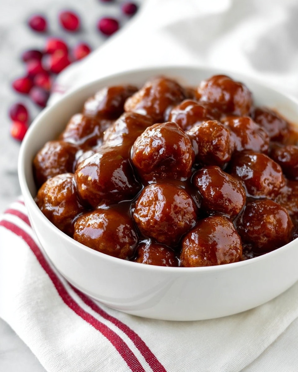 A white bowl full of small round meatballs covered in thick, shiny brown sauce, with the meatballs packed closely together and glistening under light. The bowl is placed on a white marbled surface with a white cloth that has red stripes partially visible under it. Some red cranberries are blurred in the background, adding a splash of bright red. The sauce looks smooth and sticky, coating each meatball evenly. Photo taken with an iphone --ar 4:5 --v 7