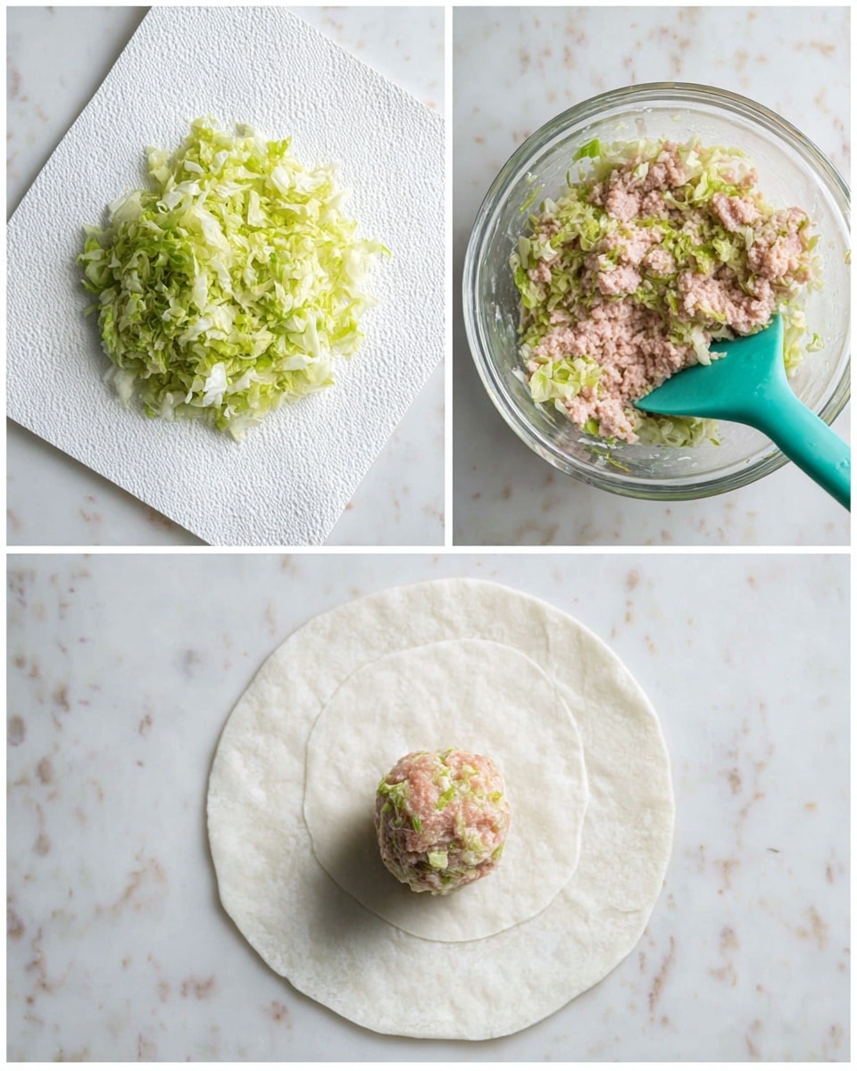 The image shows three steps of making dumplings arranged side by side on a white marbled surface. The left section has finely chopped light green cabbage spread evenly on white paper towels. The middle section shows a clear glass bowl with a mixture of ground meat and green cabbage, stirred with a turquoise spatula. The right section displays a white round dumpling wrapper on a white marbled surface, with a round ball of the meat and cabbage mixture placed in the center, ready to be wrapped. Photo taken with an iphone --ar 4:5 --v 7