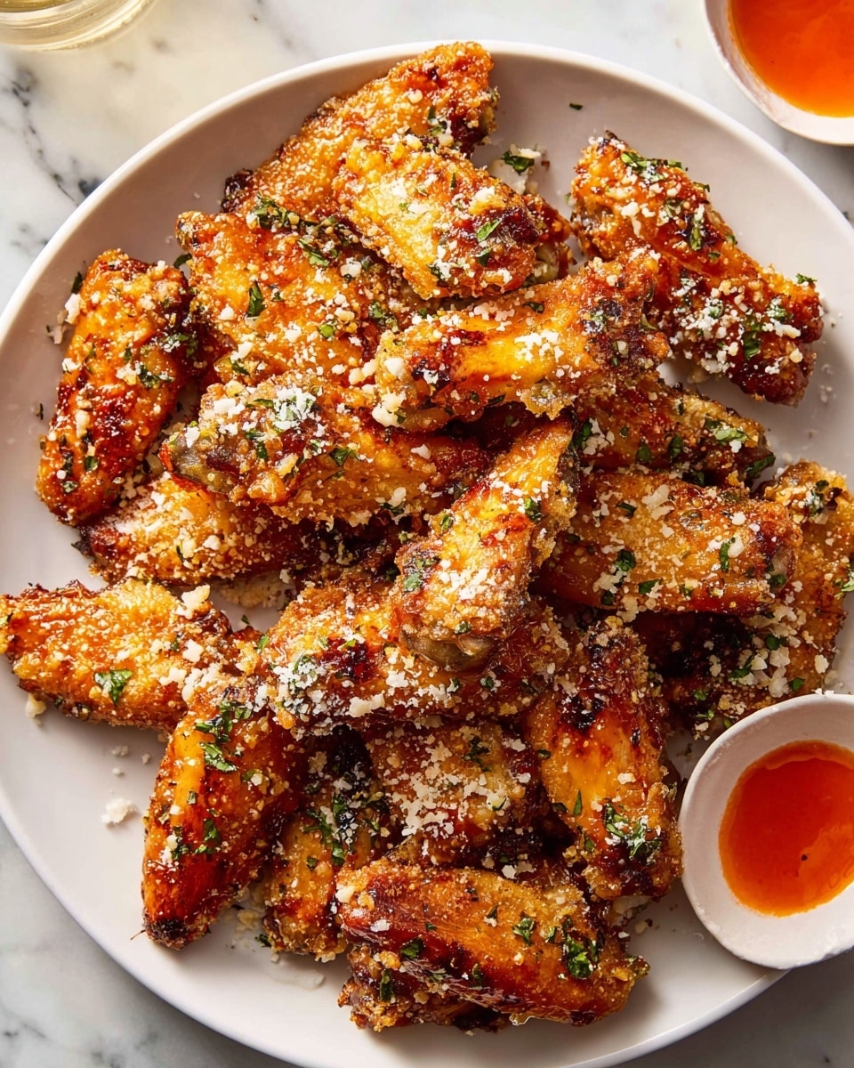 A white plate filled with many orange-brown chicken wings, crispy and covered with a light sprinkling of grated white cheese and small green herb pieces scattered all over, some wings shining with a bit of oil or sauce. The surface beneath the plate shows a white marbled texture, hinting at a clean and elegant setting. Nearby to the right, there is a small white bowl partly visible holding a red-orange sauce, adding a bright contrast to the warm colors of the wings. Photo taken with an iphone --ar 4:5 --v 7