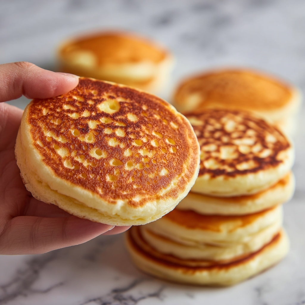 A stack of four golden-brown pancakes with a soft and fluffy texture is centered on a white plate. On top sits a square pat of melting butter with golden syrup slowly dripping down the sides of the pancakes. Around the base, fresh blueberries and a raspberry rest next to a small sprig of green mint leaves. In the blurred background, there is a white plate with more pancakes and some berries, as well as a white bowl filled with more fresh raspberries and blueberries. The whole scene is set on a white marbled surface. photo taken with an iphone --ar 4:5 --v 7