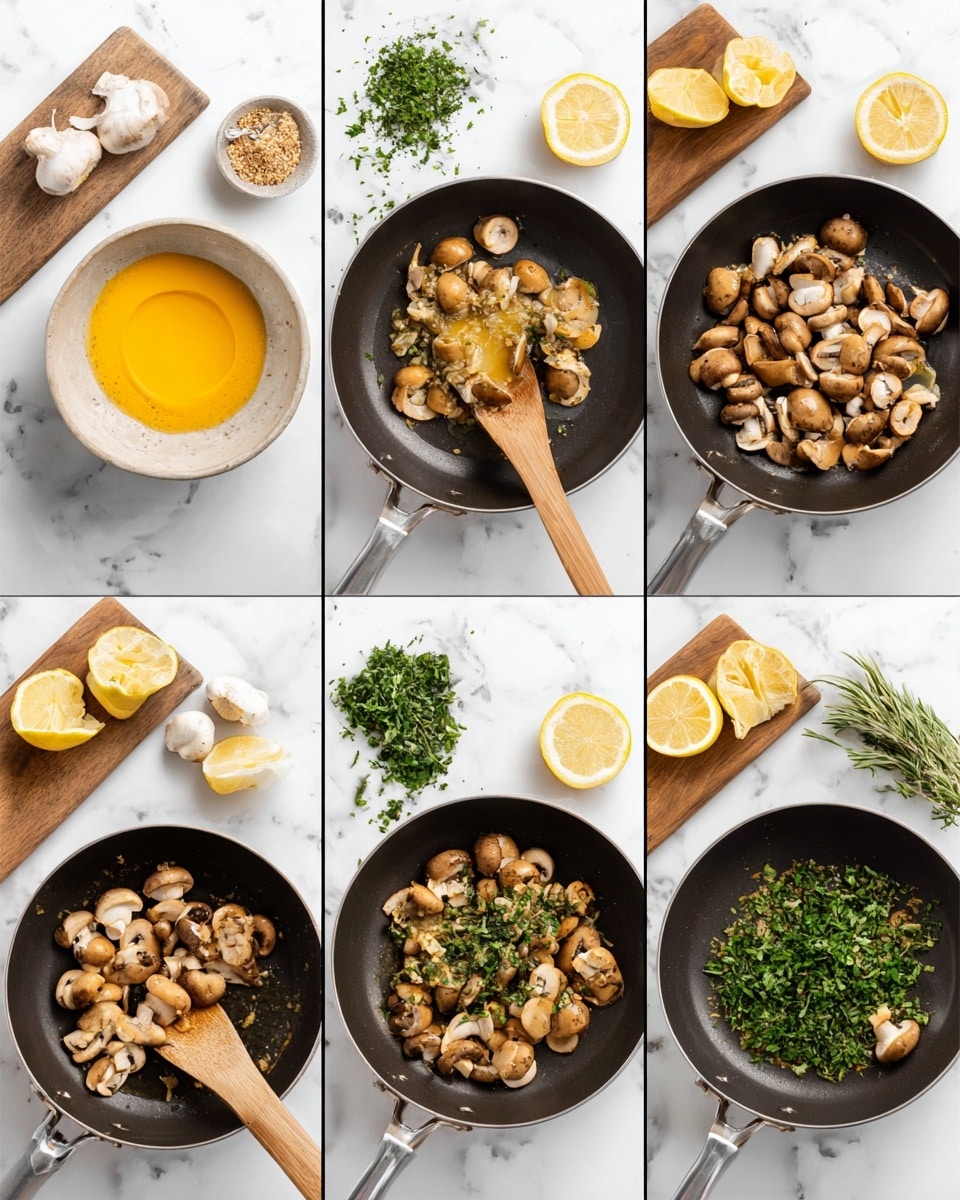 The image shows six steps of cooking mushrooms in a black pan placed on a white marbled surface. In the first step, a bowl with yellow-orange butter or sauce sits next to a wooden spoon, with chopped mushrooms above and green herbs below. The second step shows the spoon holding the sauce inside the empty pan. The third step adds whole and sliced mushrooms into the pan with the spoon. The fourth step shows the mushrooms beginning to cook and brown. The fifth step adds a pile of chopped green herbs on top of the browned mushrooms, with lemon halves and a wooden cutting board with some herbs beside the pan. The sixth step mixes the mushrooms and herbs together, with the mushrooms fully cooked and coated with herbs. Photo taken with an iphone --ar 4:5 --v 7