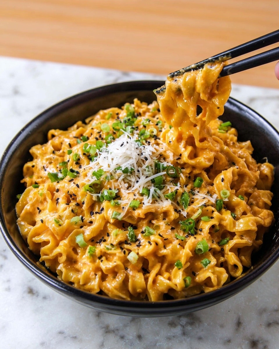 A round white bowl filled with bright orange noodles coated in a creamy sauce. The noodles have a wavy texture and are piled high, covering the bowl fully. On top, there is a layer of finely chopped green onions scattered across the noodles, along with a small pile of shredded white cheese in the center adding contrast. Black sesame seeds are sprinkled lightly over the dish, giving some dark specks in the mixture. A pair of black chopsticks is lifting a small amount of noodles from the bowl. The bowl is placed on a white marbled surface photo taken with an iphone --ar 4:5 --v 7