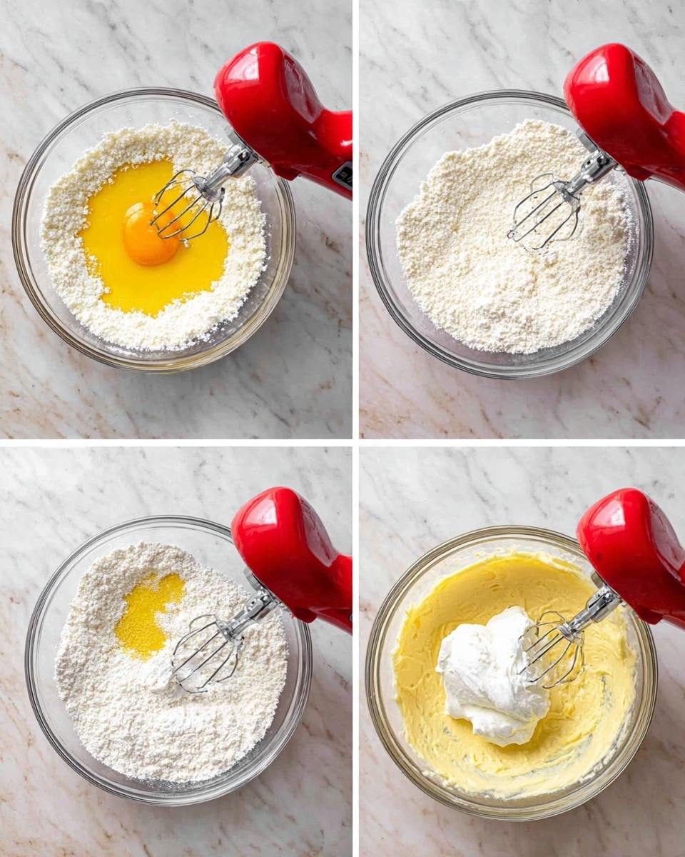 A clear glass bowl is shown in four stages of mixing ingredients placed on a white marbled surface. In the first stage, there is a layer of white crumbly texture mixed evenly all around the inside of the bowl with a red electric mixer resting on the bowl's edge. In the second stage, a bright yellow layer of egg yolk sits on top of the white crumbly base on one side, while the rest remains untouched, with the red mixer still present. The third stage shows the mixture being turned into a smooth light yellow batter with a dollop of white cream on top, the mixer beaters covered and blending the ingredients. In the final stage, a layer of white flour is spread over the yellow batter, still in the same glass bowl with the red mixer inside, ready to mix again. Photo taken with an iphone --ar 4:5 --v 7