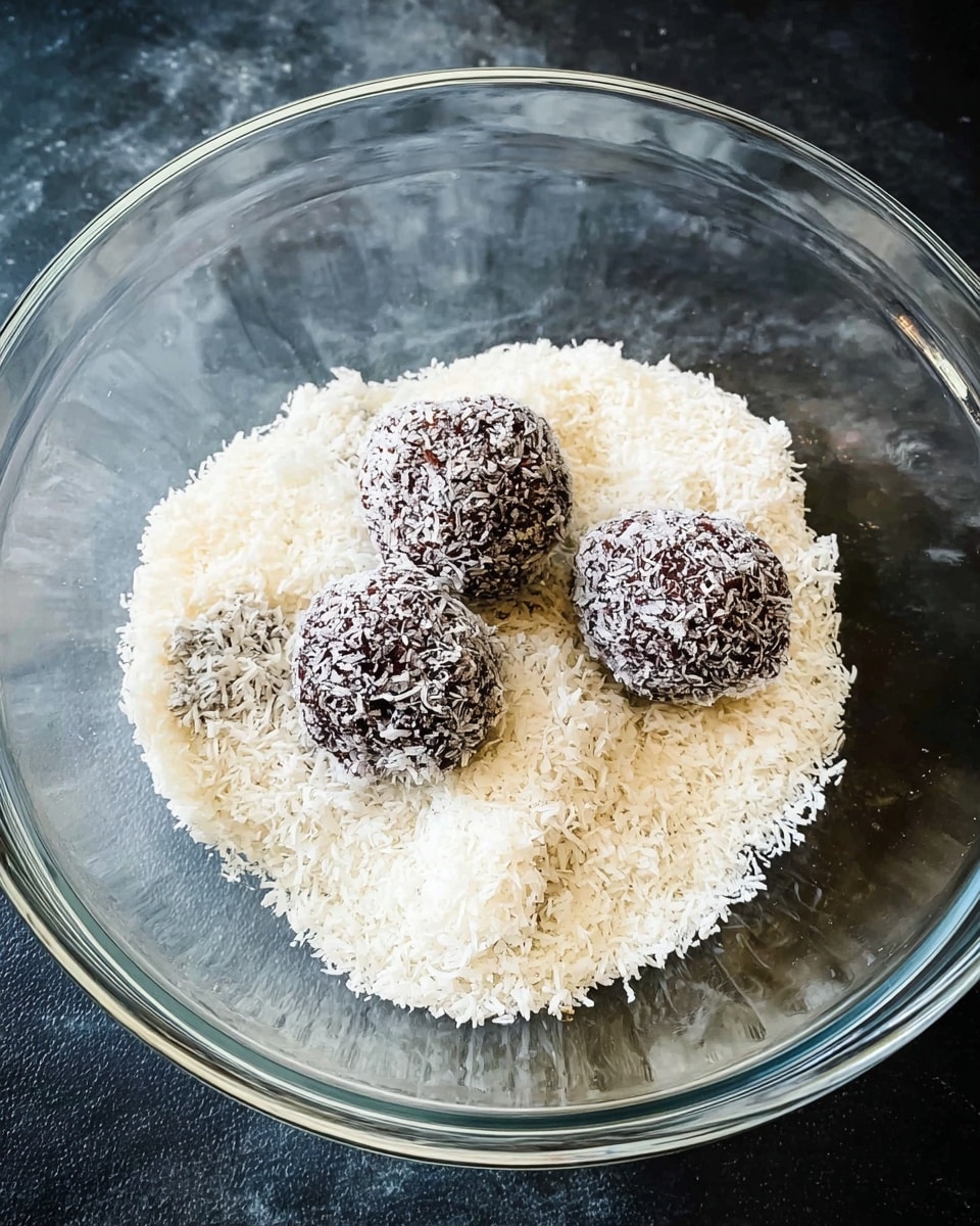 A white bowl filled with a stack of round chocolate balls covered evenly with white shredded coconut, arranged in a pyramid shape. The balls have a rough texture from the coconut flakes. The bowl sits on a dark wooden surface with scattered coconut flakes around it. The background shows a warm-colored wall with a small decorative vase and a jar on the right side, softly out of focus. Photo taken with an iphone --ar 4:5 --v 7