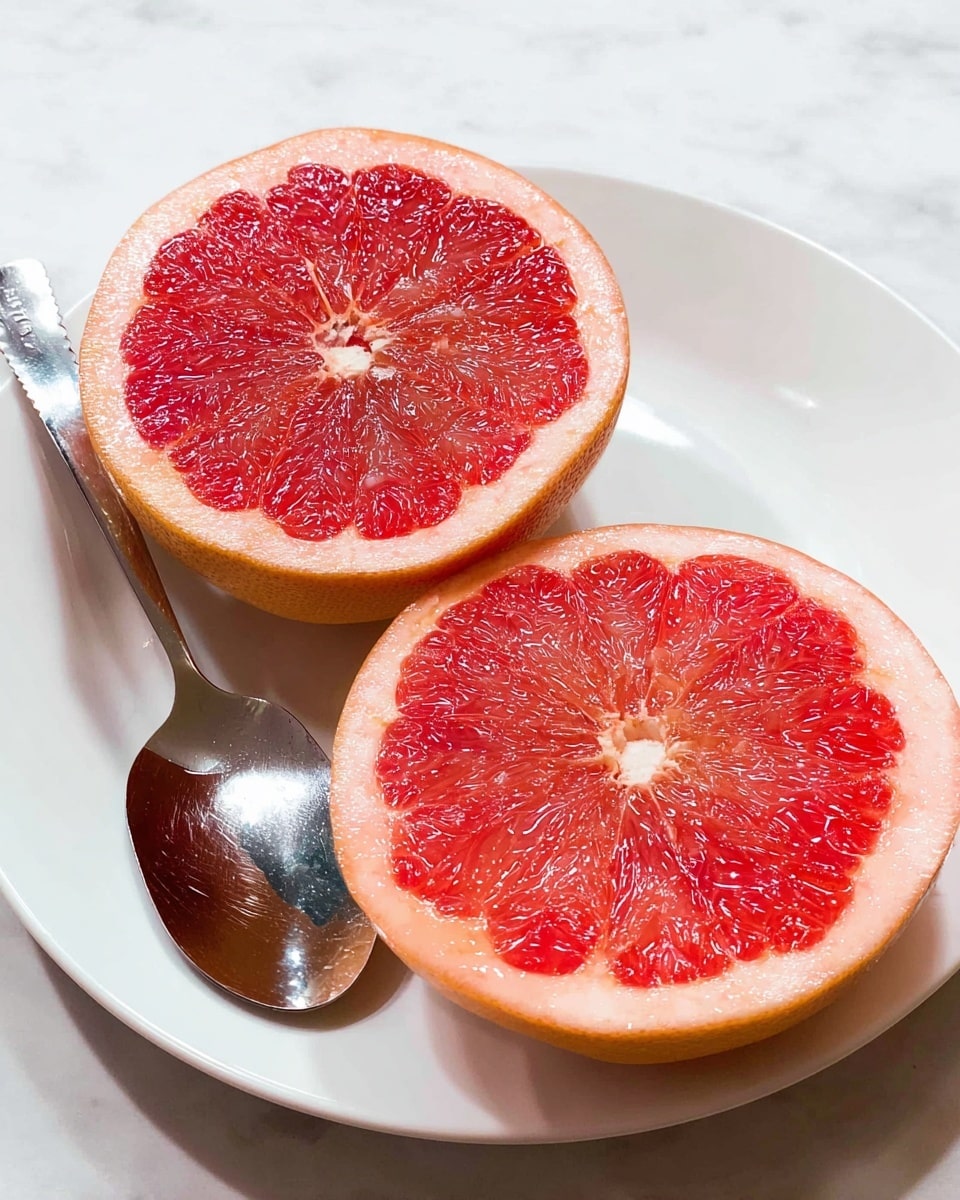 A round orange half filled with bright red juicy grapefruit segments, arranged tightly in a circular pattern, sits centered on a white plate. The white plate has a smooth finish and holds a shiny metal spoon resting beside the grapefruit half. The background features a blurry white marbled surface with soft sunlight creating a warm, cozy feel. Photo taken with an iphone --ar 4:5 --v 7