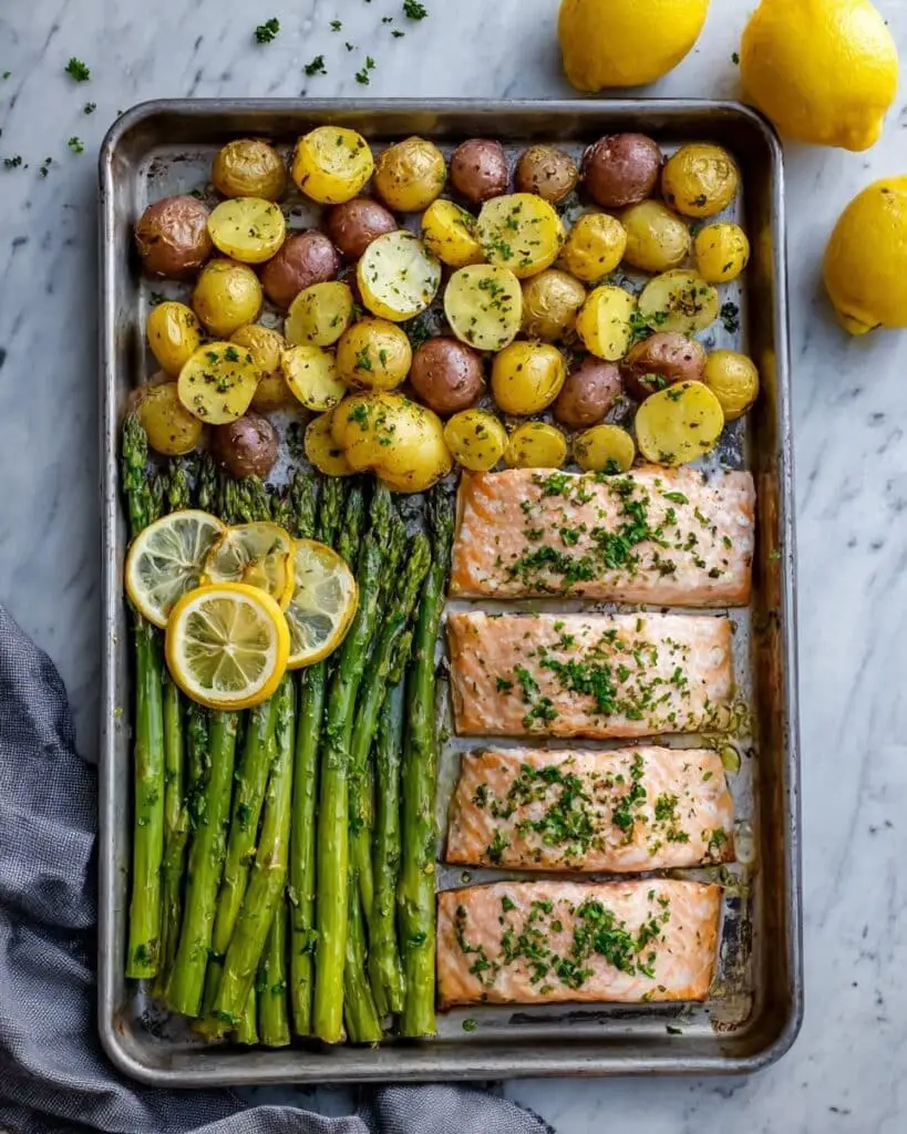 Lemon Garlic Butter Salmon with Asparagus and Baby Potatoes Recipe