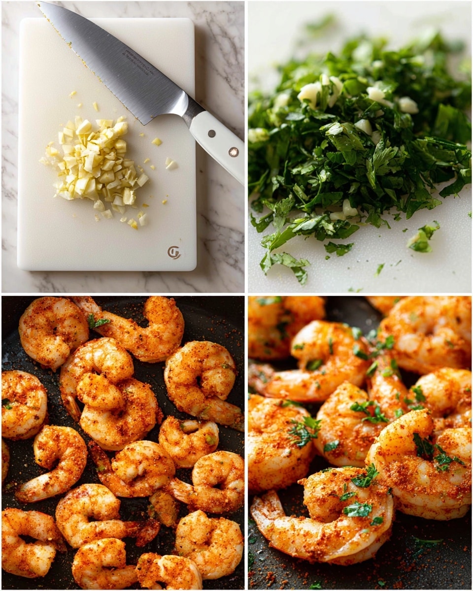 The image shows a close-up of cooked shrimp with a golden-orange color from spices on a dark frying pan, with small pieces of garlic visible. A white flat round item, likely a tortilla or flatbread, is being pressed down on the shrimp with a woman's hand holding it on the left side. The shrimp appear juicy with a slightly charred look on their edges, surrounded by the textured surface of the pan with specks of seasoning. The background is a white marbled texture. Photo taken with an iphone --ar 4:5 --v 7