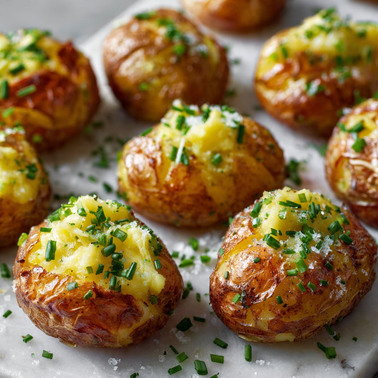 A clear glass bowl holds a thick, creamy mixture of pale yellow color with small lumps, indicating a soft, chunky texture. The mixture is dotted with tiny green pieces evenly spread throughout, and a generous heap of finely chopped bright green herbs is placed on top, adding a fresh look. Black pepper flakes are sprinkled across the surface, giving a speckled dark contrast. A spatula with a wooden handle and a teal rubber head is partially sunk into the mixture, positioned slightly to the right, showing the creamy texture. The bowl sits on a white marbled surface that is smooth and light. Photo taken with an iphone --ar 4:5 --v 7