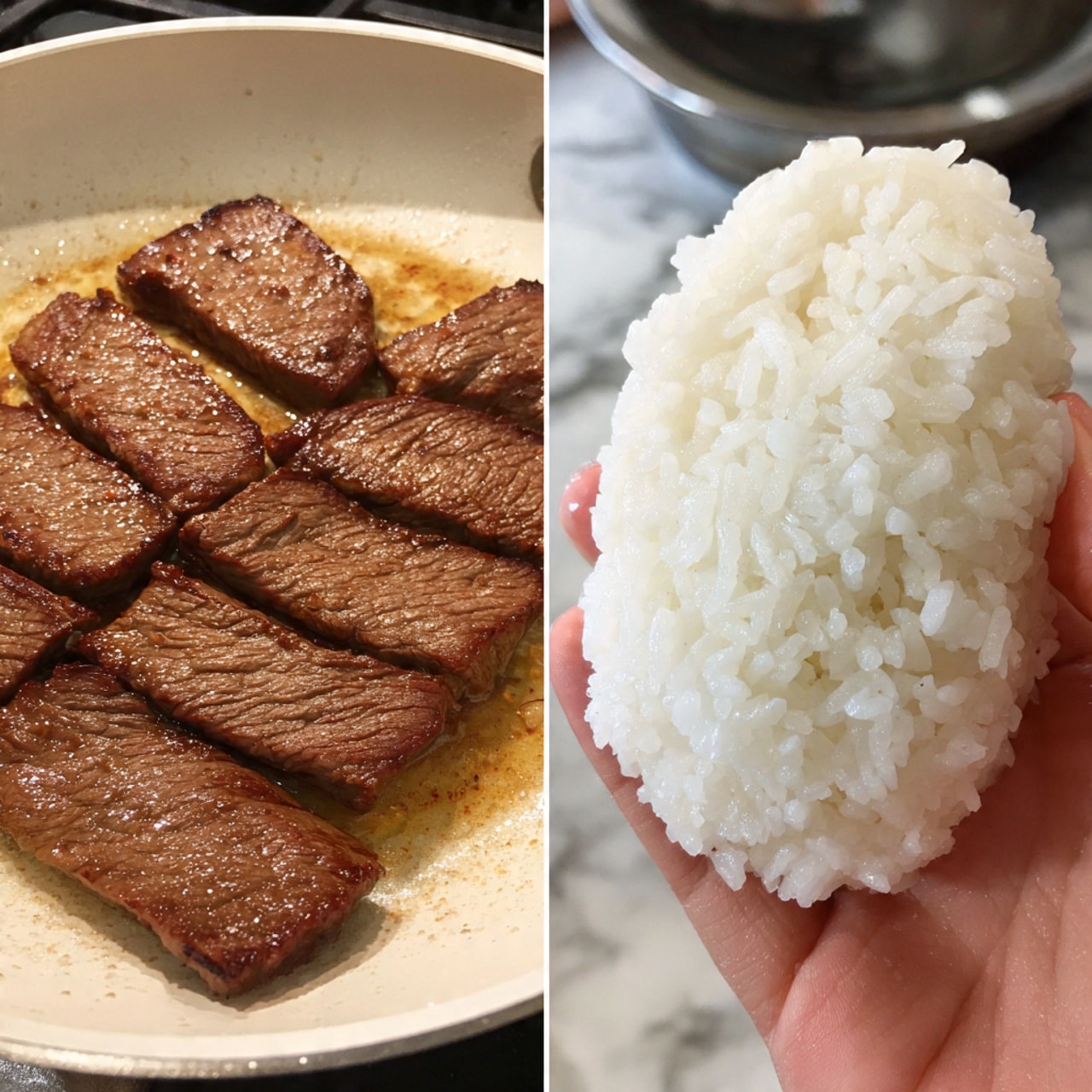 The first part of the image shows six rectangular slices of browned cooked meat, each with a shiny surface and golden brown edges, arranged in a circle in a white pan with some cooked oil and small browned bits. The second part shows a woman's hand holding a small, rounded block of white rice, tightly packed with visible small grains. Both parts sit on a white marbled background. photo taken with an iphone --ar 4:5 --v 7