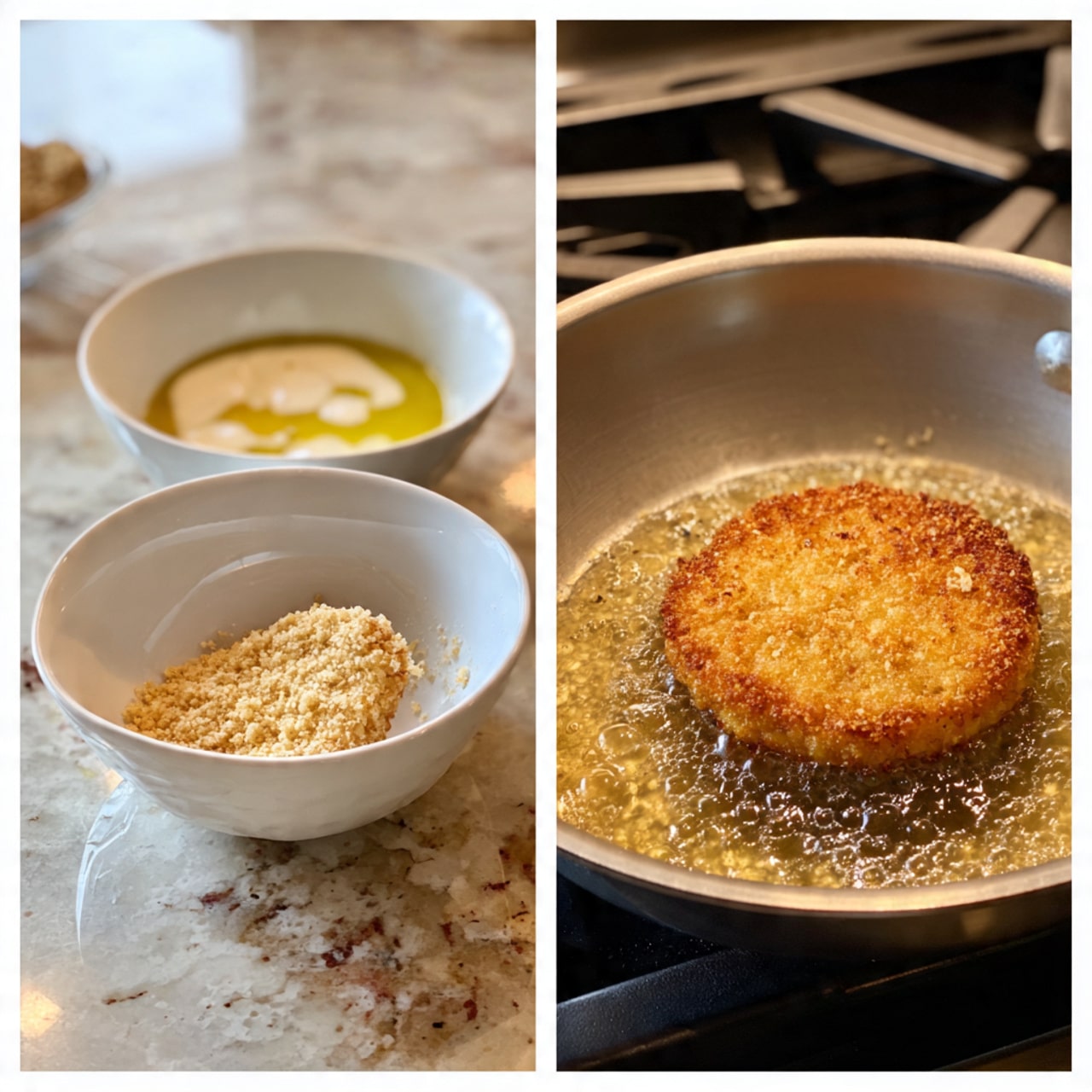 The image shows two close-up views of a cooking process on a white marbled surface. On the left, there is a white bowl with a light beige batter and another white bowl filled with coarse light brown crumbs, with a woman's hand pressing a round item into the crumbs, coating it completely. Above, there is a pot with clear golden oil heating on a black stovetop. On the right, the same round item is deep frying in the oil, showing a crispy, bubbly golden brown crust forming evenly around it. Photo taken with an iphone --ar 4:5 --v 7