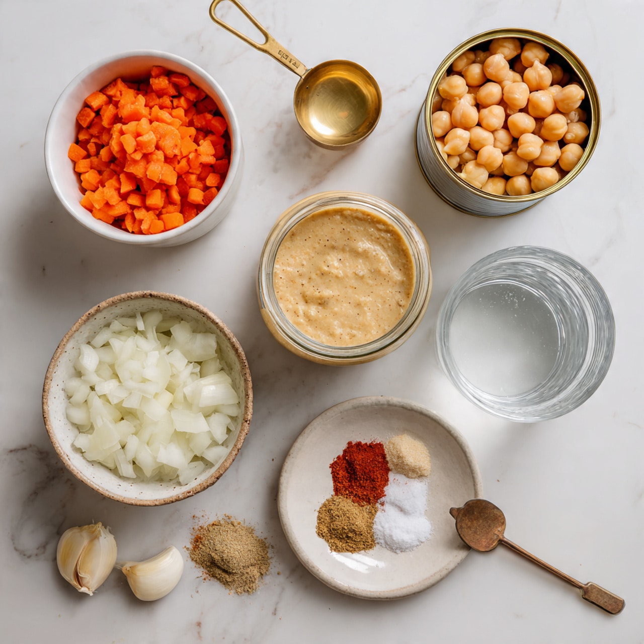 The image shows several cooking ingredients arranged neatly on a white marbled surface. There is a measuring cup with orange carrot slices and a wooden handle on the right side, an open can filled with light beige chickpeas next to it on the top right, and a small jar containing creamy beige tahini below the can. Below the carrots is a small round white bowl holding three peeled garlic cloves and three piles of spices in shades of red, brown, and white salt. To the left is another measuring cup with chopped white onion pieces, and beside it is a 1/3 cup measuring cup with a golden liquid, possibly oil. Above all these is a round clear glass bowl filled with water. The arrangement offers a clear view of each ingredient with bright, natural light, photo taken with an iphone --ar 4:5 --v 7