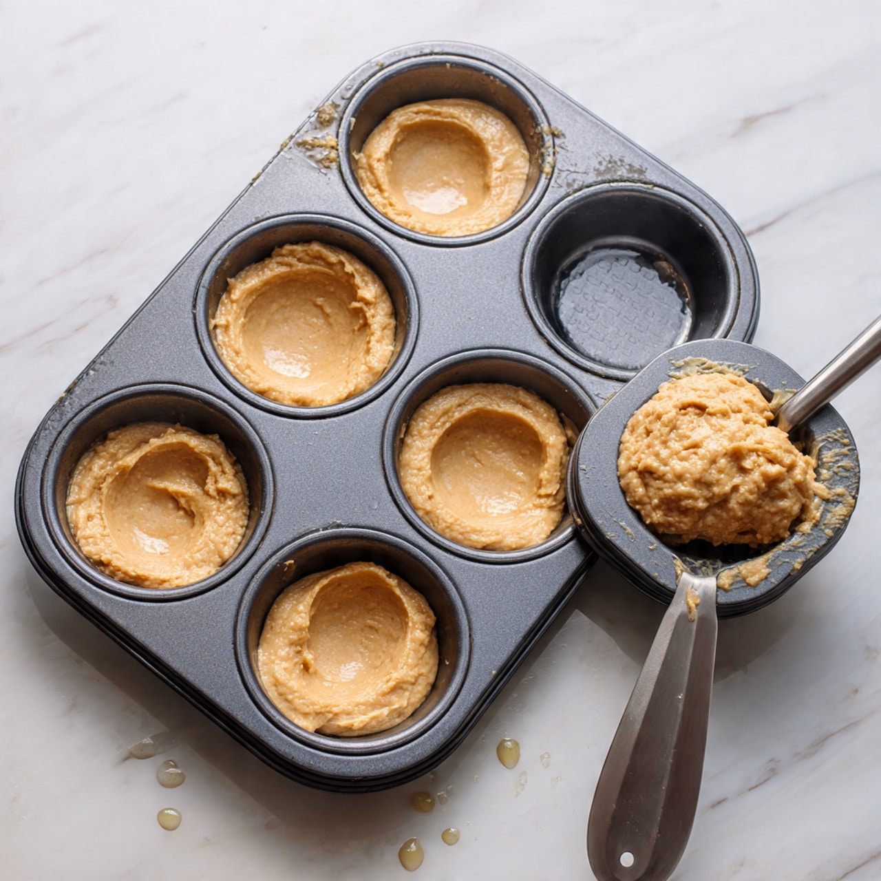 The image shows seven round, brown donuts with sugar sprinkled on top, placed on a black metal cooling rack. The donuts have a rough texture with a visible hole in the center of each. The rack is sitting on a wooden board with some shiny syrup droplets on it. The background is changed to a white marbled texture. photo taken with an iphone --ar 4:5 --v 7