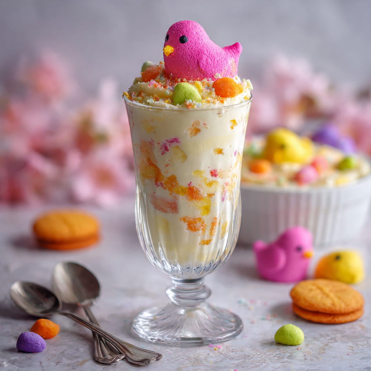 The image shows a clear glass dessert cup filled with a layered creamy salad that has white, light orange, and pale green colors mixed together, creating a textured, chunky look. On top, there is a bright pink marshmallow shaped like a small bird, sitting on the salad as a decoration. The cup is placed on a white marbled surface, surrounded by colorful round cookies and some scattered pastel-colored candies, with two tarnished silver spoons lying nearby. In the background, there is a blurred white bowl filled with more of the same creamy salad and a few more pastel marshmallow birds. The overall scene is bright and cheerful, with soft lighting highlighting the details of the dessert and accessories. photo taken with an iphone --ar 4:5 --v 7