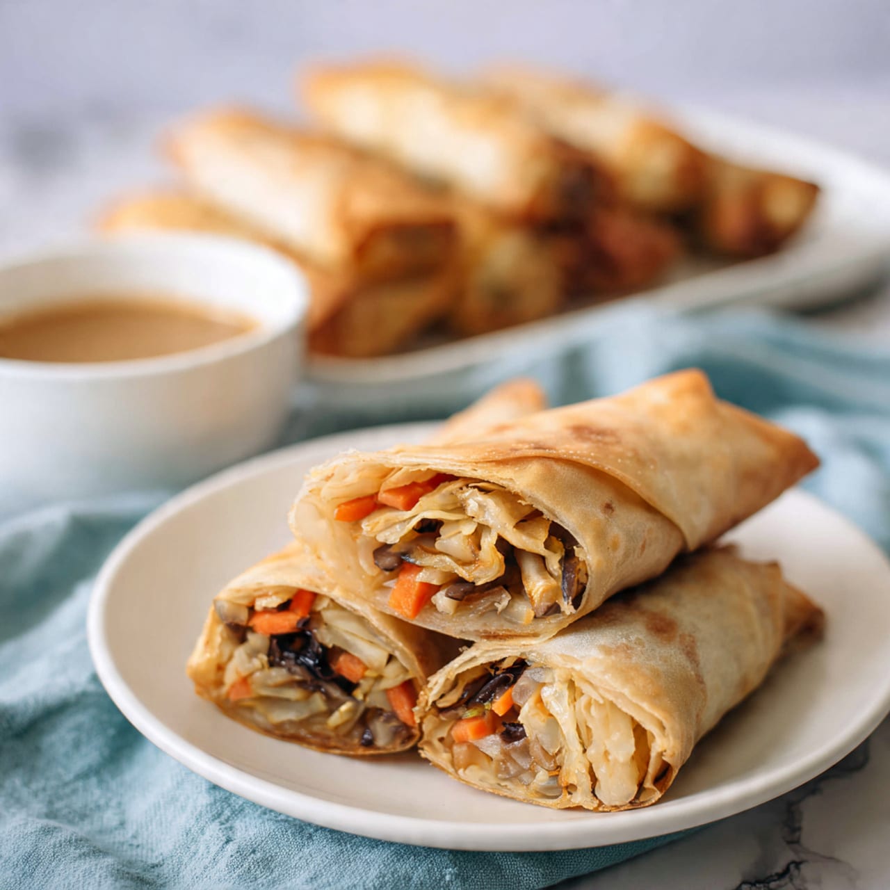 There is an oval white plate with decorative edges, placed on a white marbled surface with a light blue cloth underneath. On the plate, seven golden-brown rolls are arranged in a slightly overlapping horizontal pile, each roll showing a lightly toasted, thin wrapper with uneven brown spots. To the right side of the plate, there is a small white round bowl filled with a thick, creamy light brown sauce that has a slightly textured surface. The overall look is warm and rustic. photo taken with an iphone --ar 4:5 --v 7